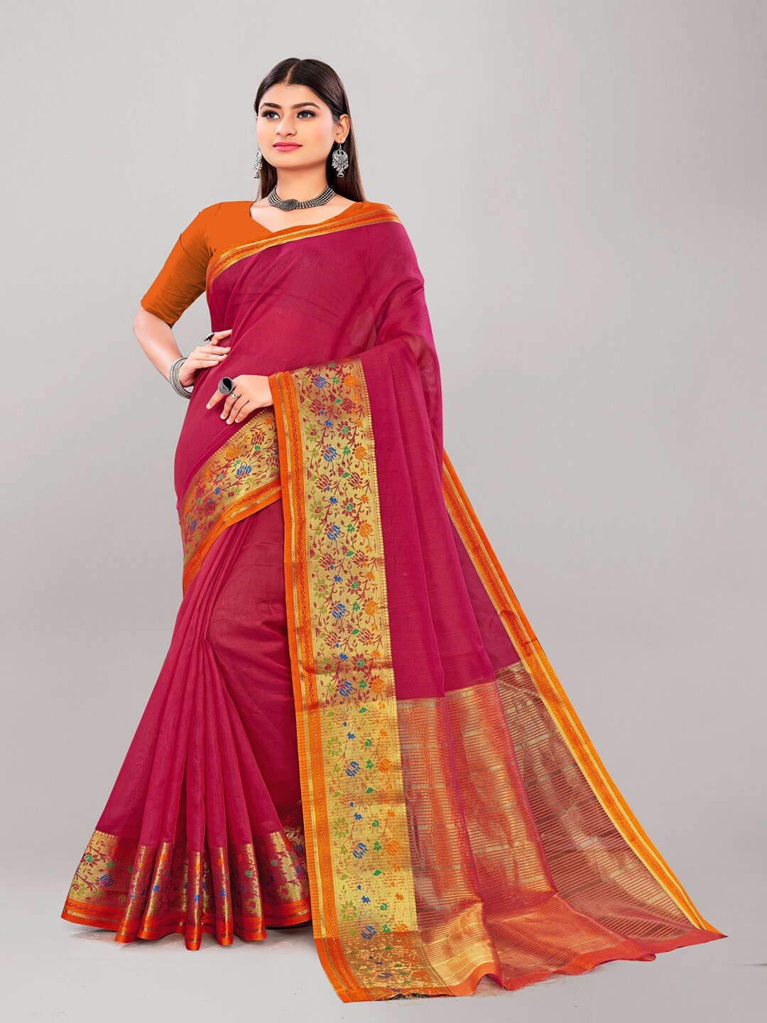 

HERE&NOW Zari Bordered Pure Cotton Banarasi Saree, Pink