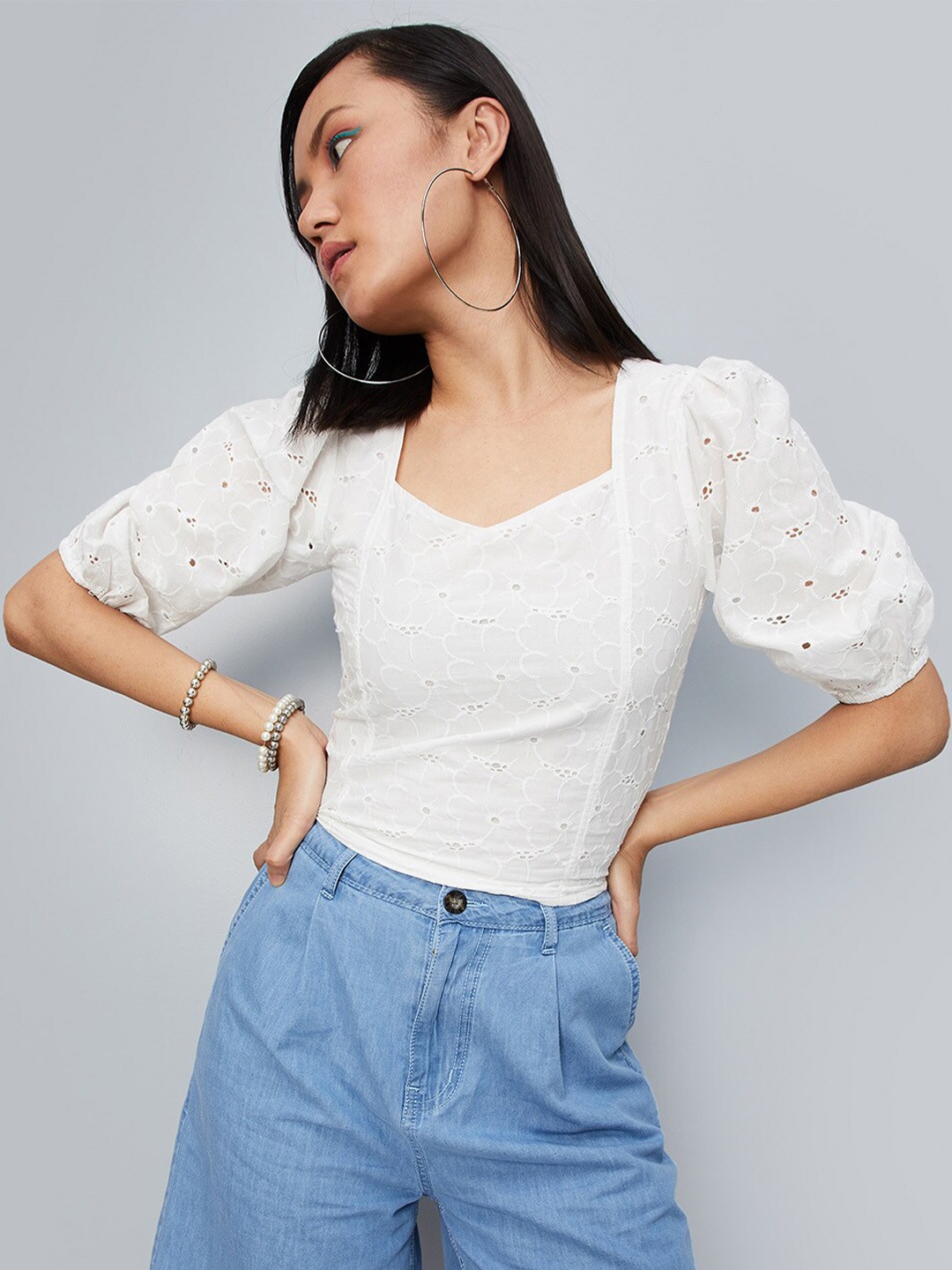 

max Schiffli Self Design Puff Sleeves Smocked Pure Cotton Regular Top, White
