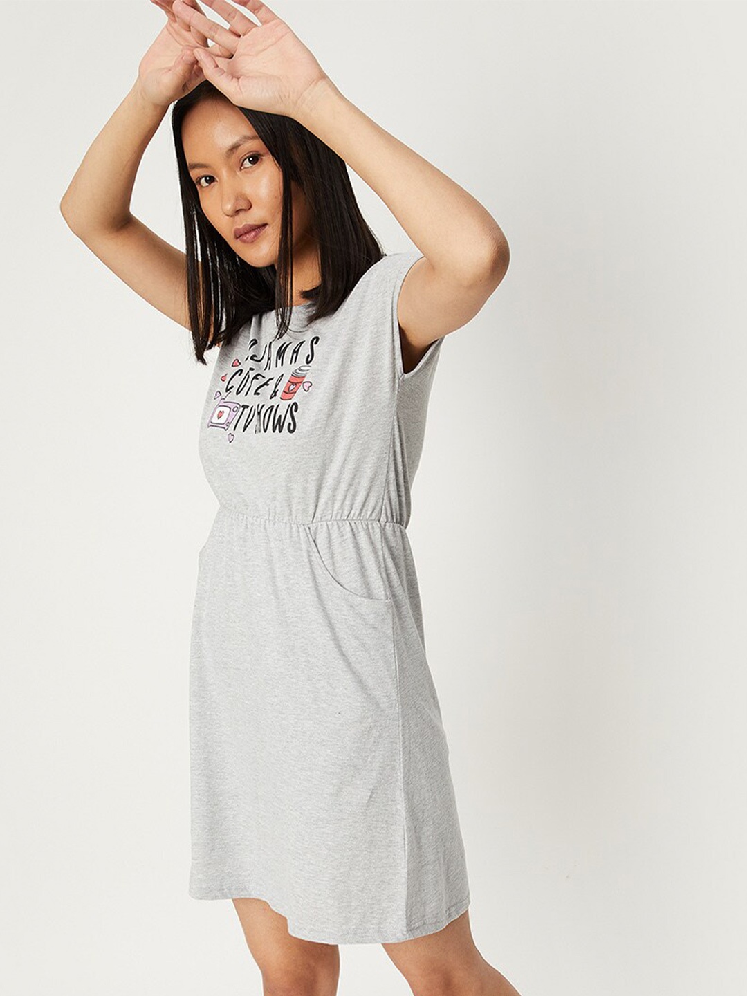 

max Printed Round Neck Nightdress, Grey
