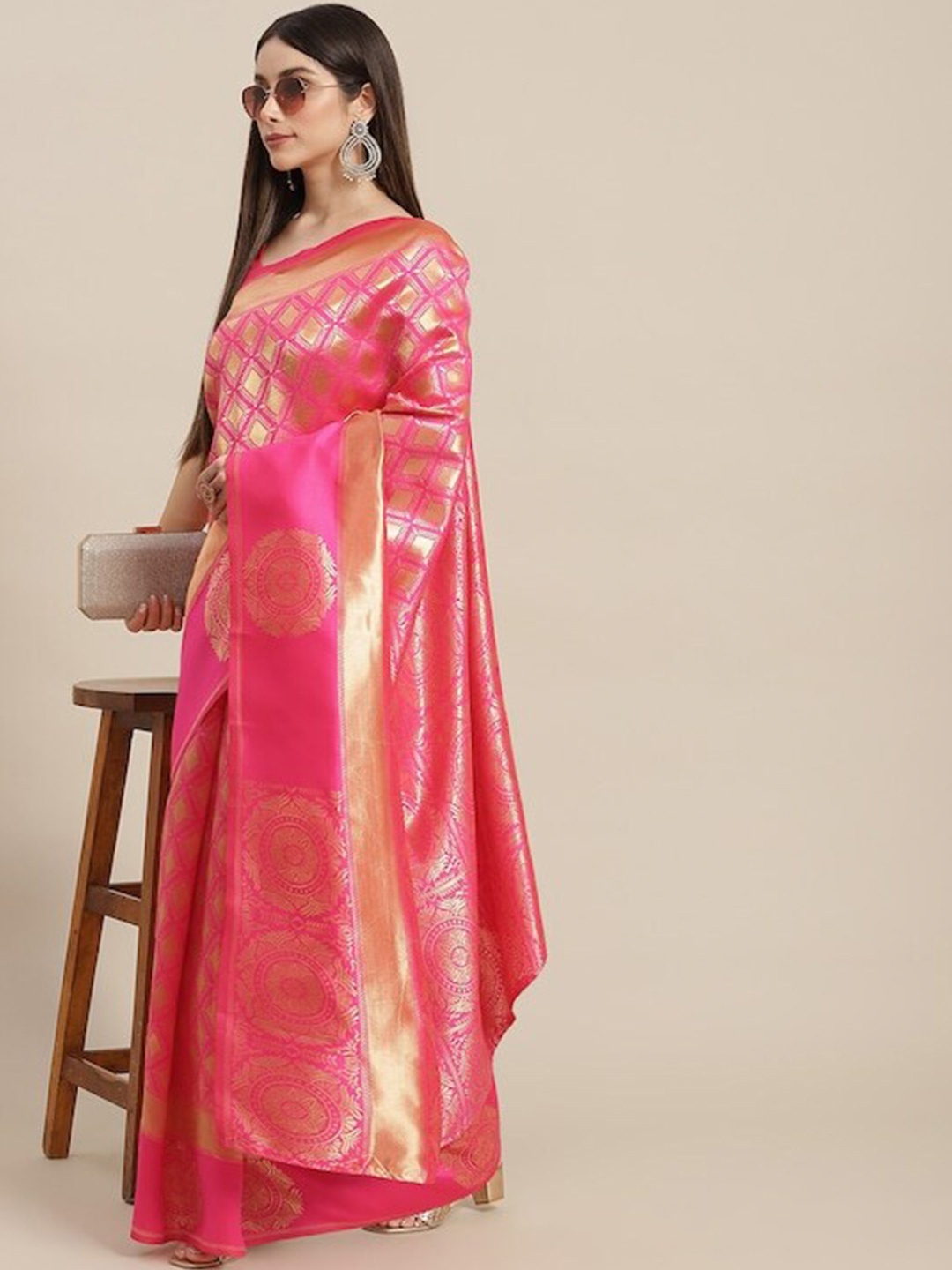 

AADVIKA Ethnic Motifs Zari Kanjeevaram Saree, Pink