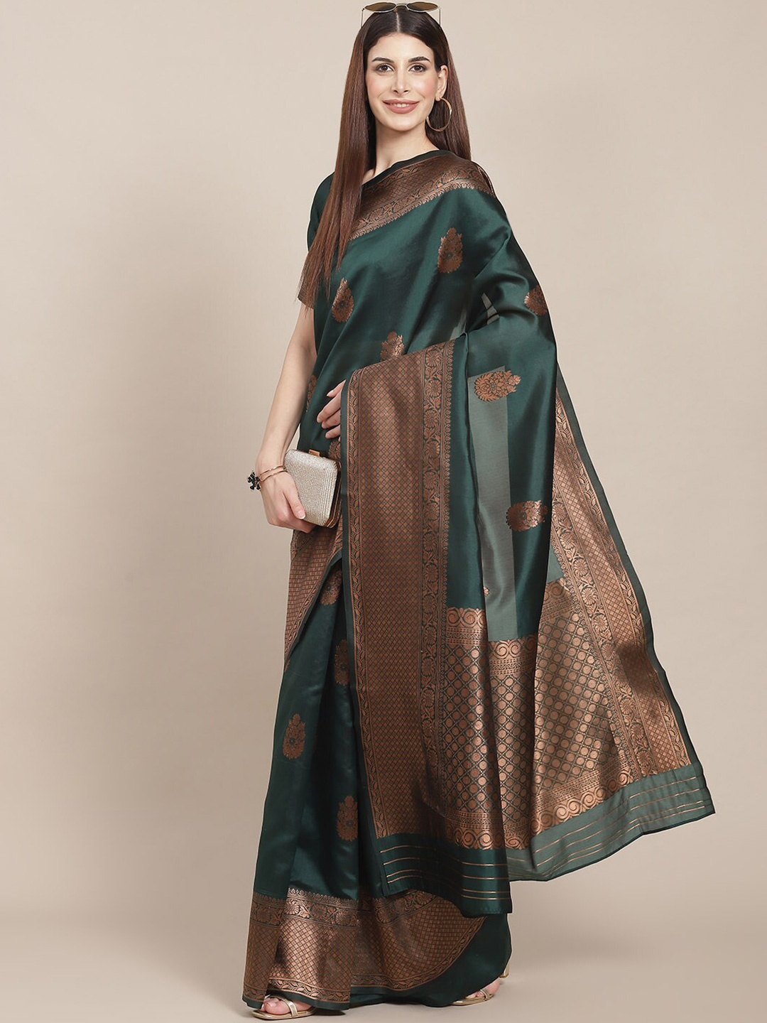 

AADVIKA Ethnic Motifs Zari Silk Blend Kanjeevaram Saree, Sea green