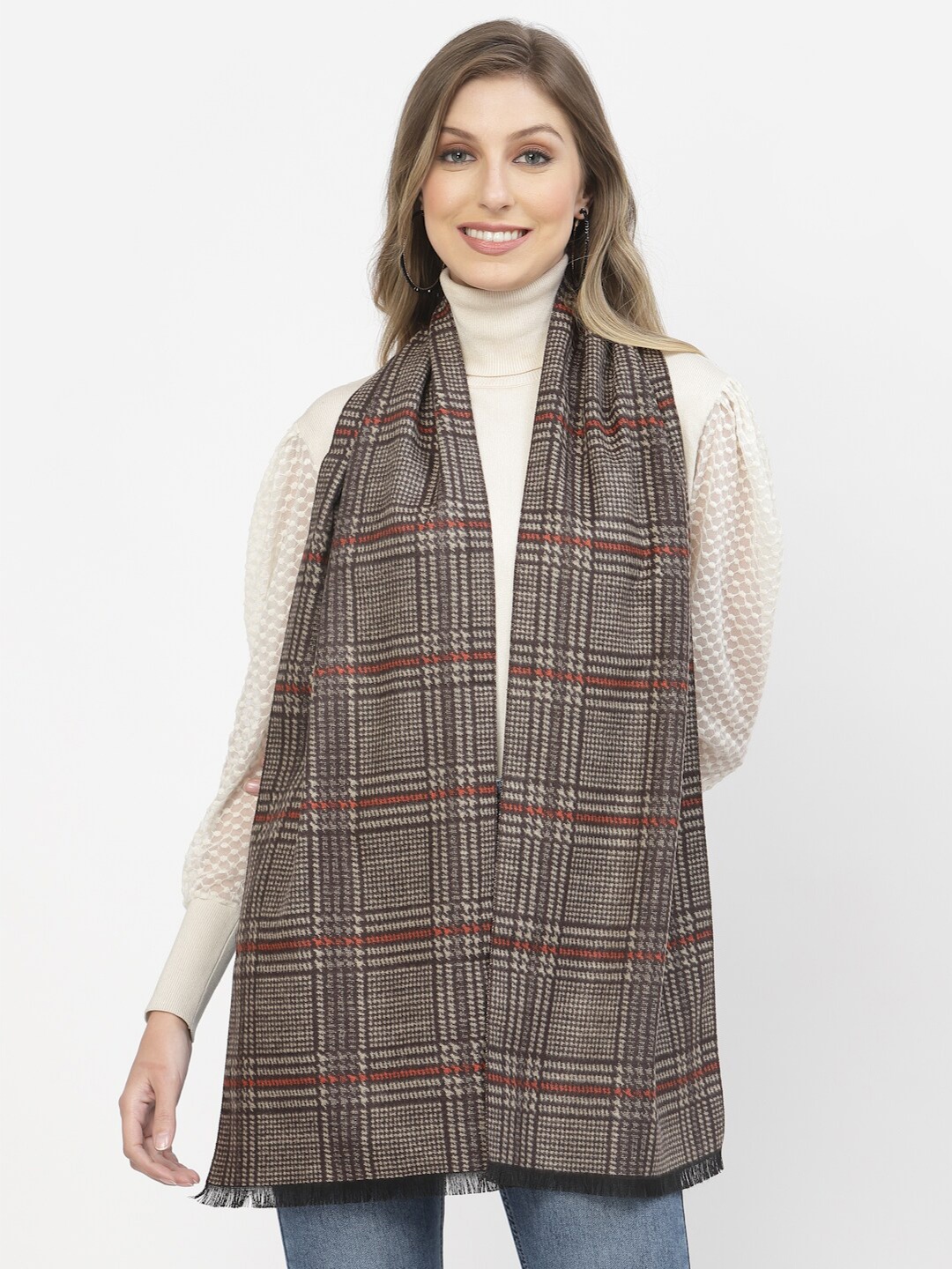 

Calvadoss Women Checked Fringed Stole, Brown