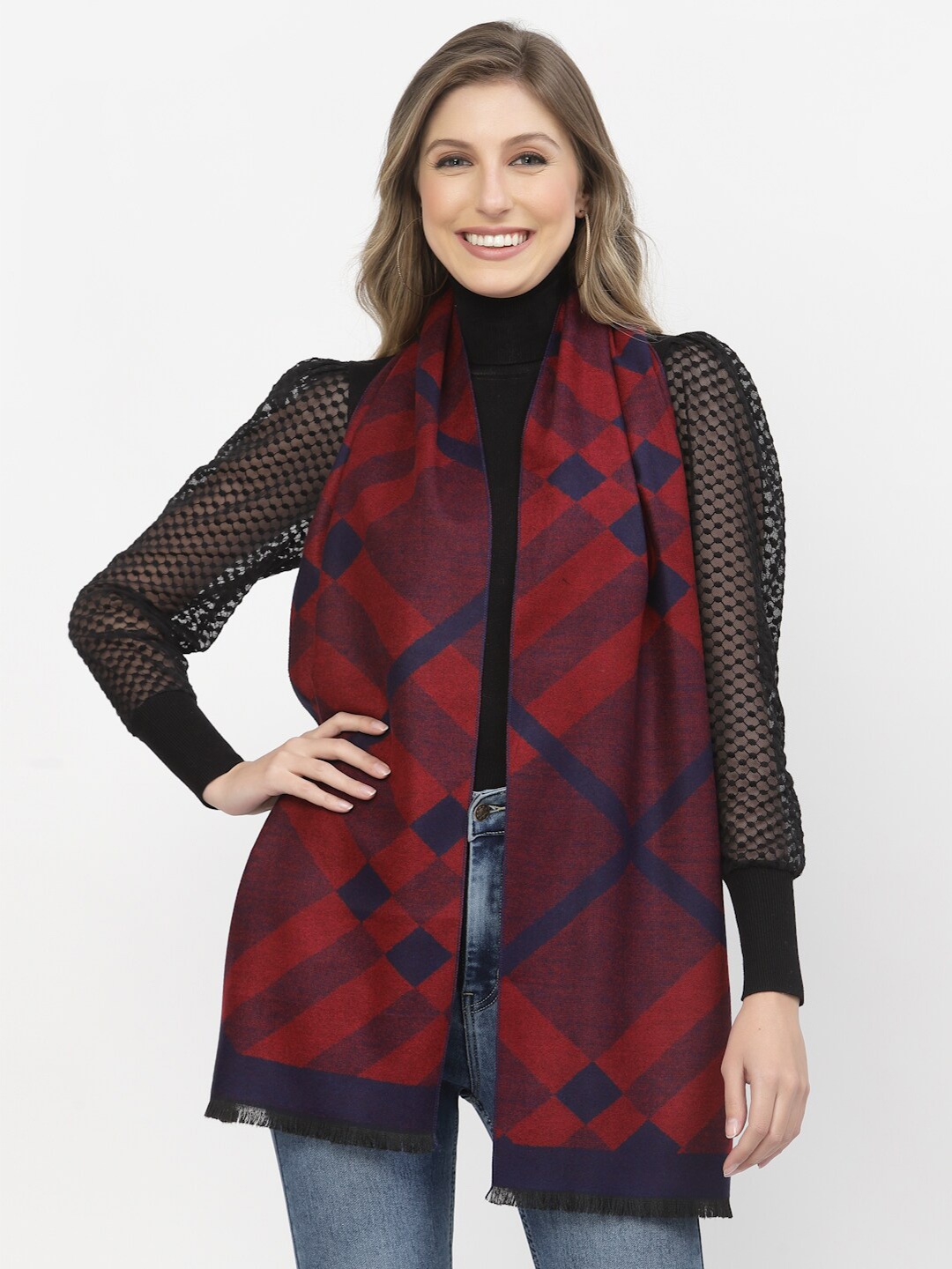 

Calvadoss Women Navy Blue & Red Checked Stole