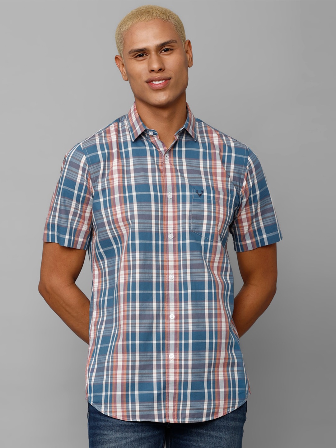 

Allen Solly Men Slim Fit Tartan Checks Checked Pure Cotton Casual Shirt, Blue