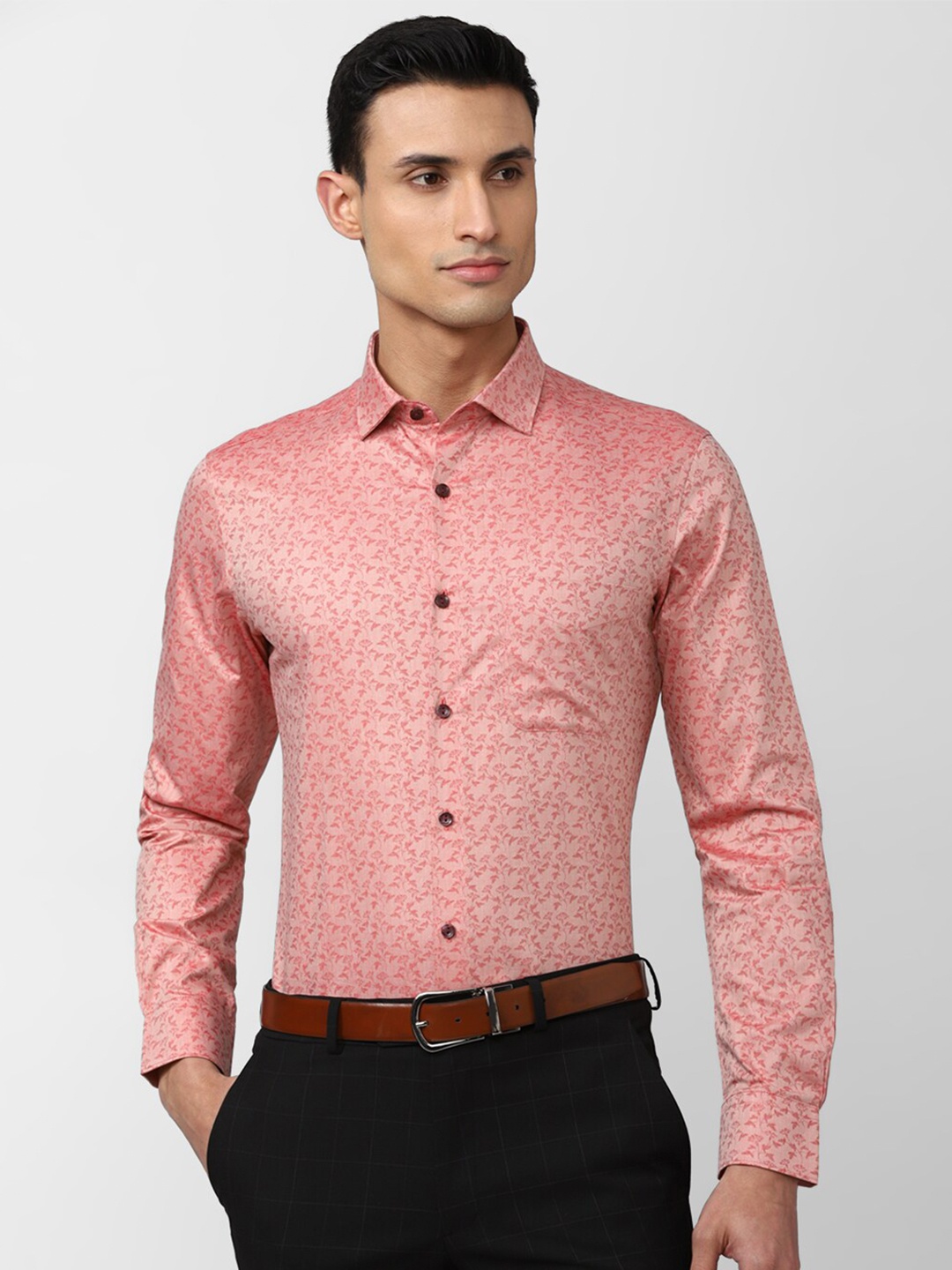 

Peter England Elite Men Slim Fit Floral Printed Cotton Formal Shirt, Pink