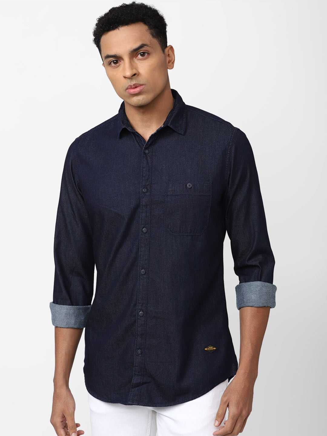 

VAN HEUSEN DENIM LABS Men Cotton Slim Fit Casual Shirt, Navy blue