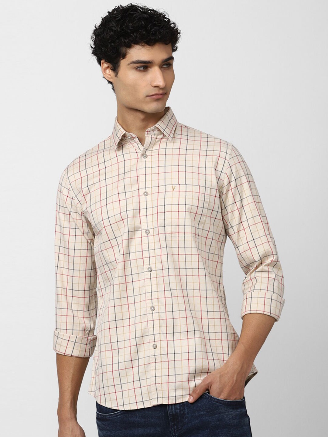 

Van Heusen Sport Men Slim Fit Checked Cotton Casual Shirt, Cream
