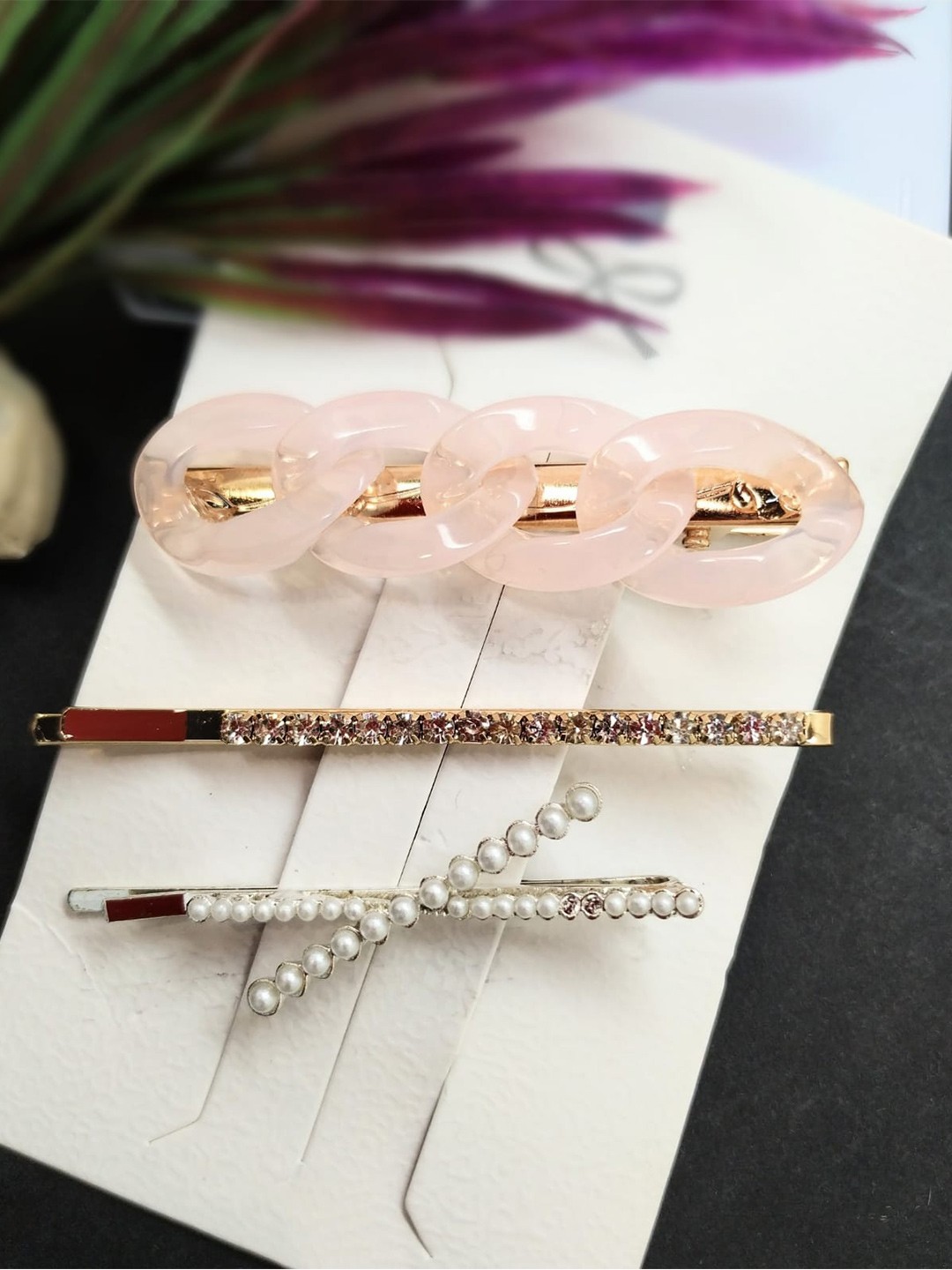 

FEMMIBELLA Women Set of 3 Embellished Hair Accessory Set, Pink