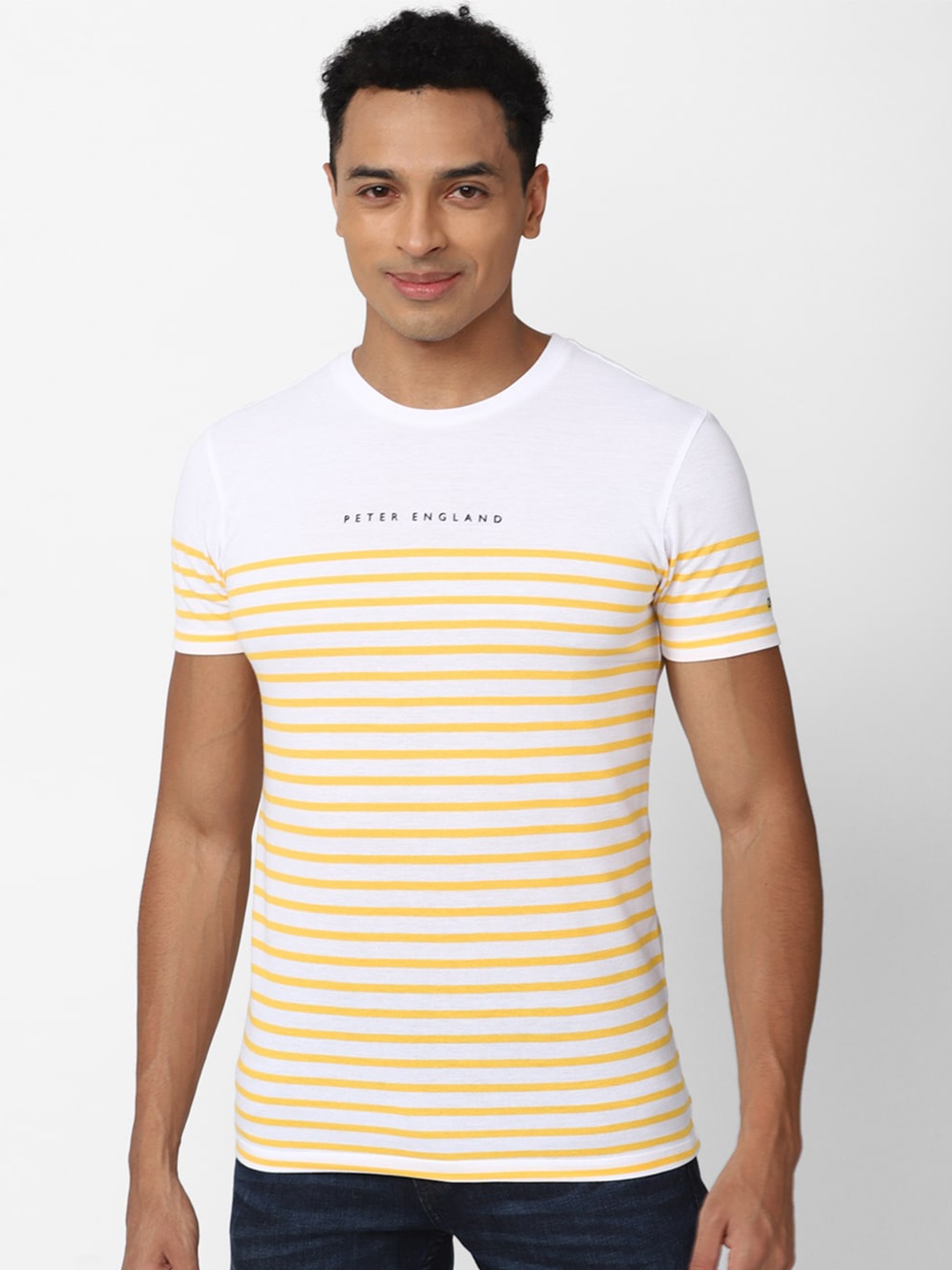 

Peter England Casuals Men Cotton Striped T-shirt, Yellow