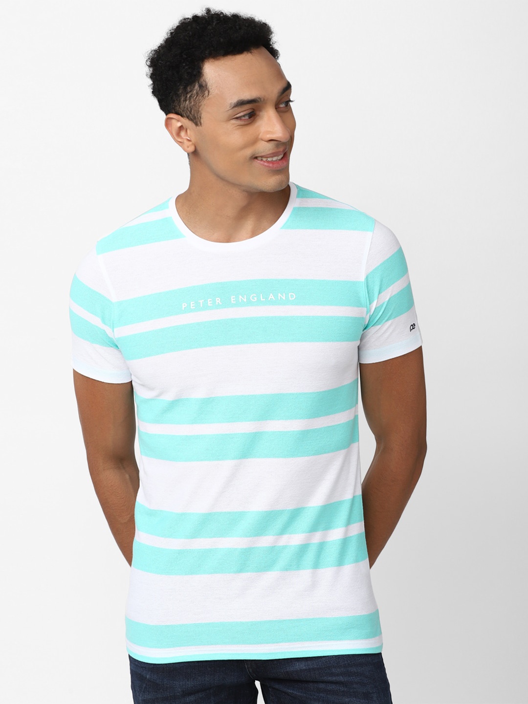 

Peter England Casuals Men Round Neck Striped Slim Fit Cotton T-shirt, White