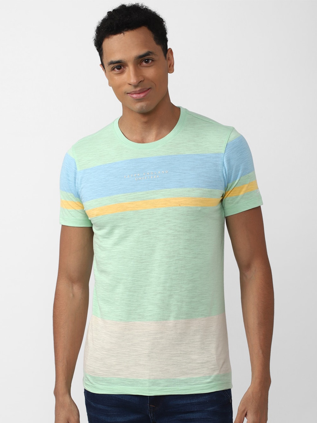 

Peter England Casuals Men Striped Slim Fit T-shirt, Green