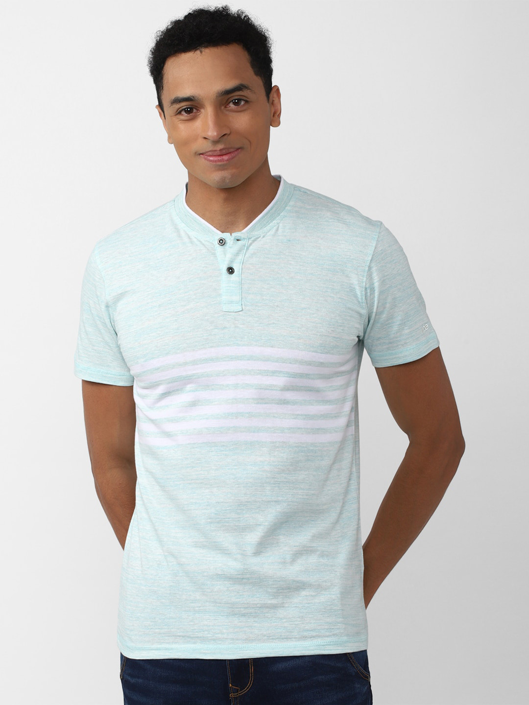 

Peter England Casuals Men Striped Henley Neck Slim Fit Cotton T-shirt, Blue