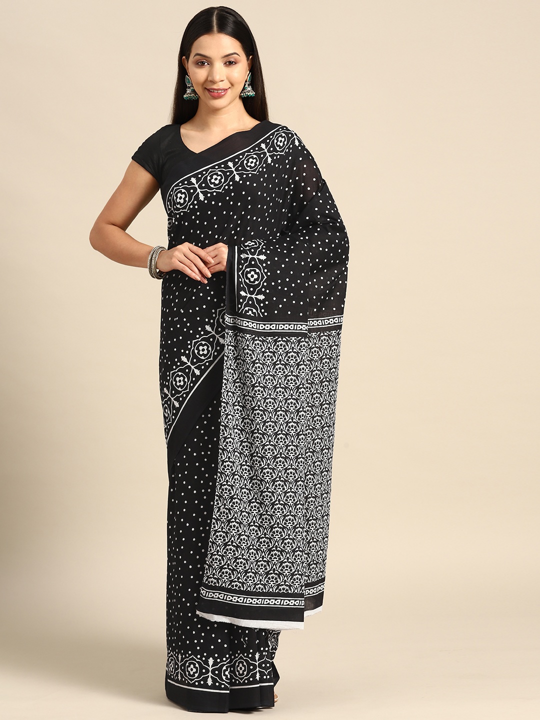 

BUTA BUTI Polka Dots Printed Pure Cotton Saree, Black