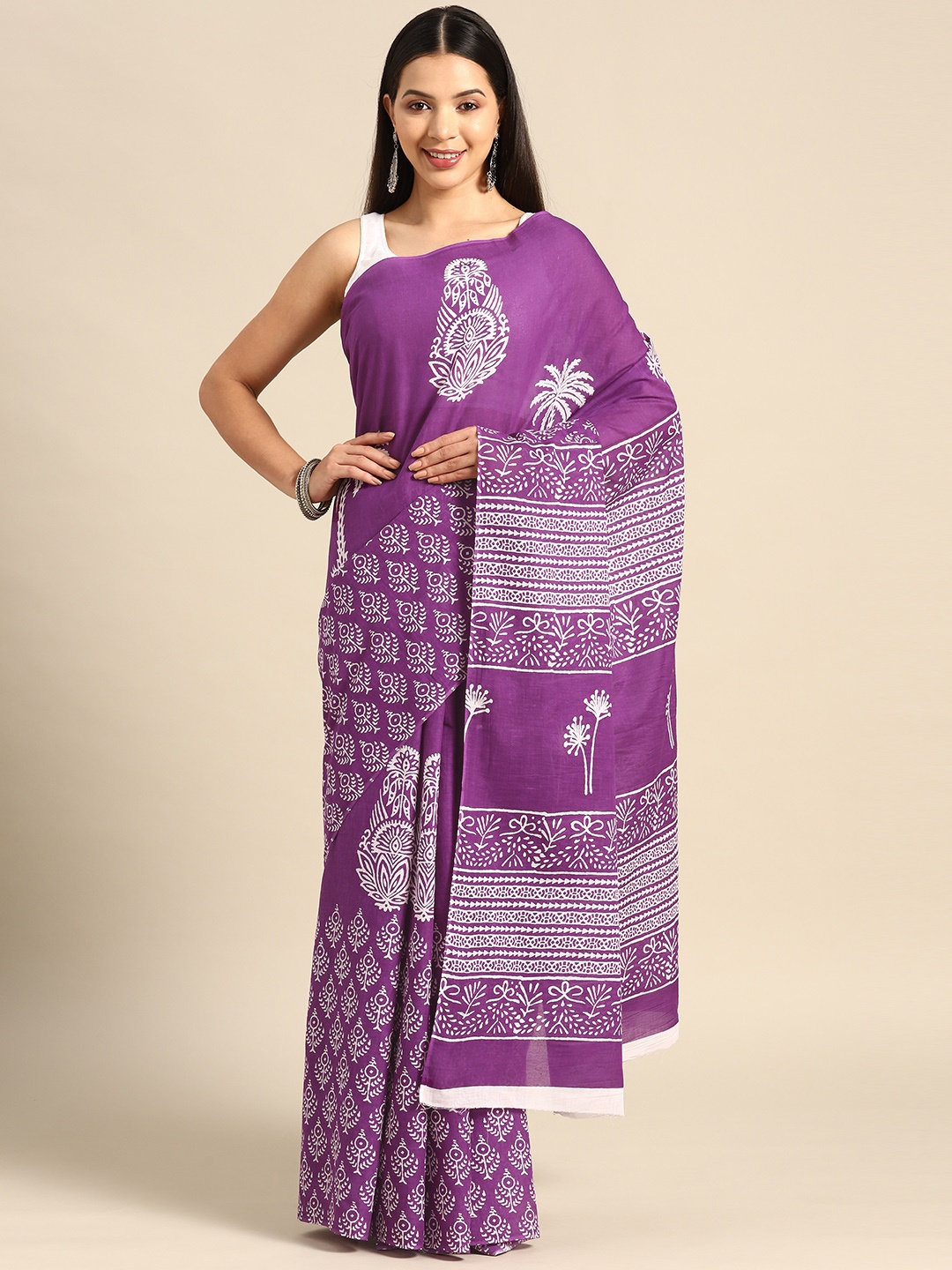 

BUTA BUTI Ethnic Motifs Printed Pure Cotton Saree, Purple
