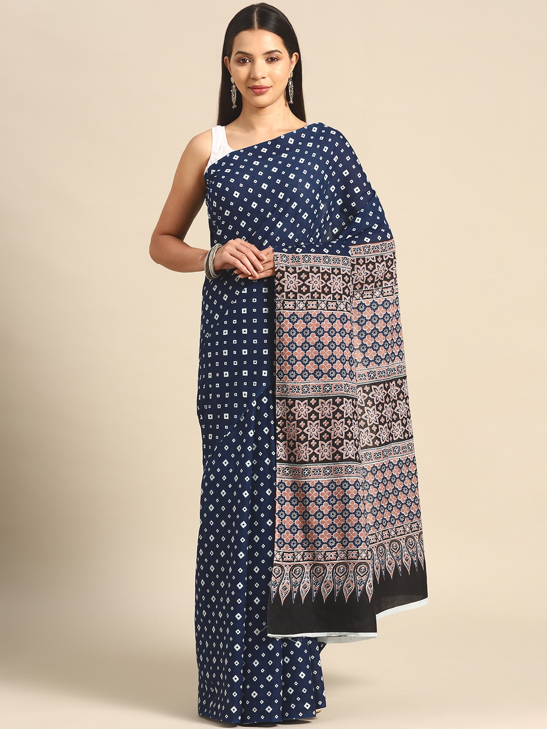 

BUTA BUTI Printed Pure Cotton Saree, Navy blue