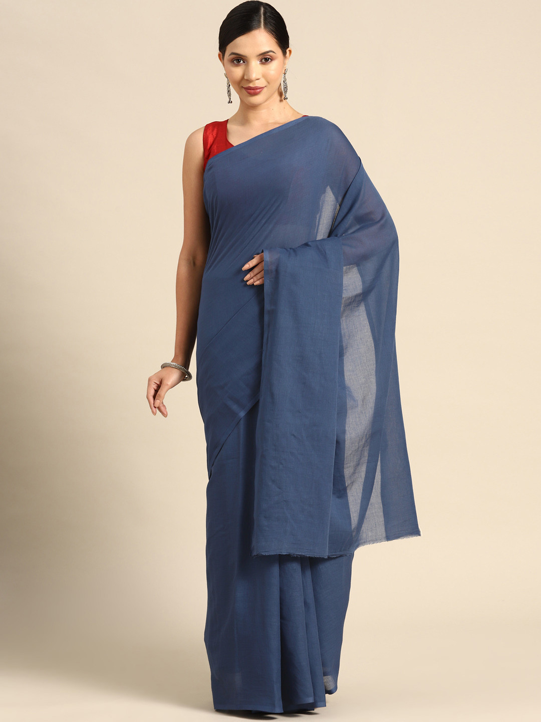

BUTA BUTI Solid Pure Cotton Saree, Navy blue