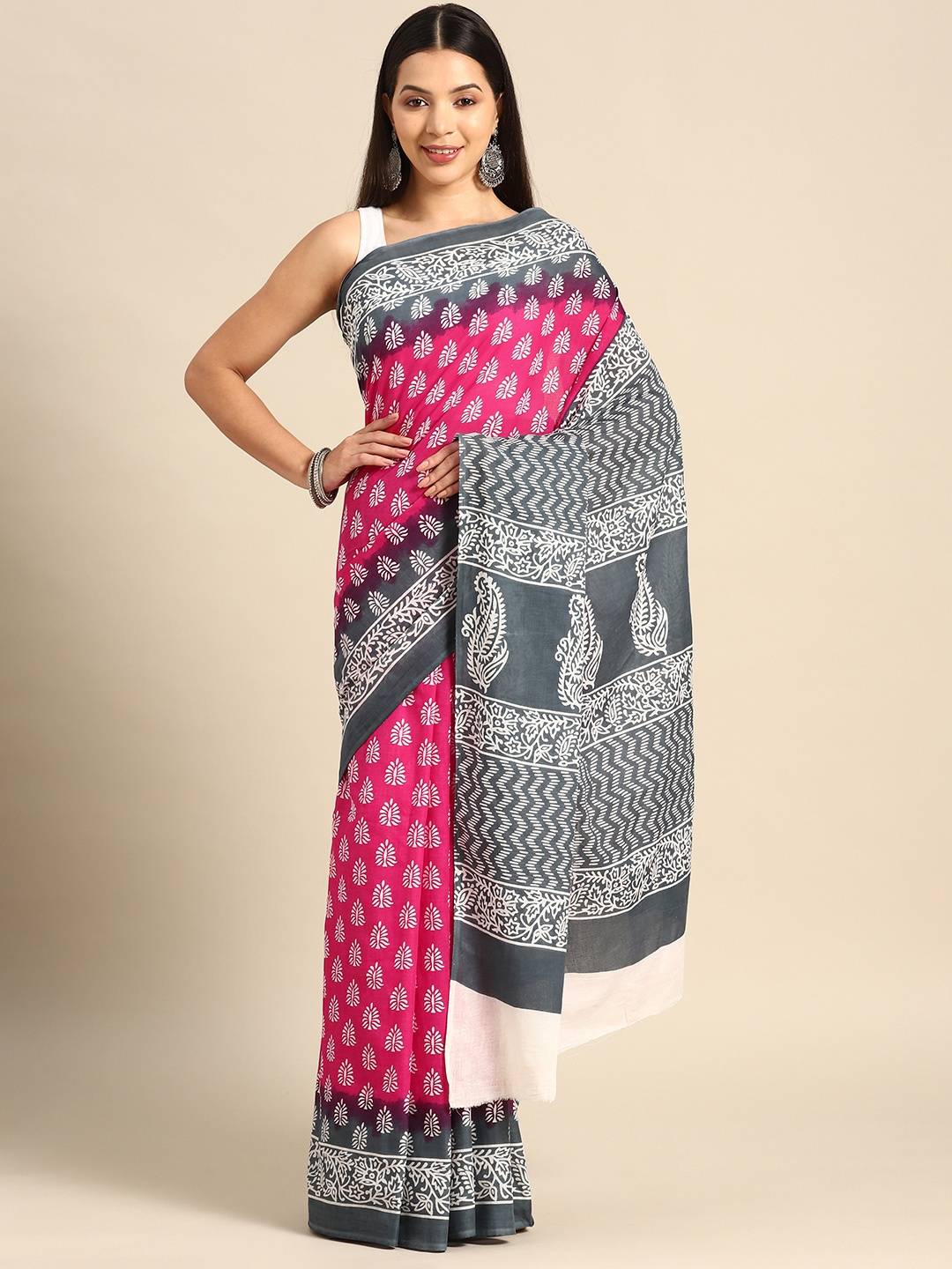 

BUTA BUTI Ethnic Motifs Printed Pure Cotton Saree, Pink