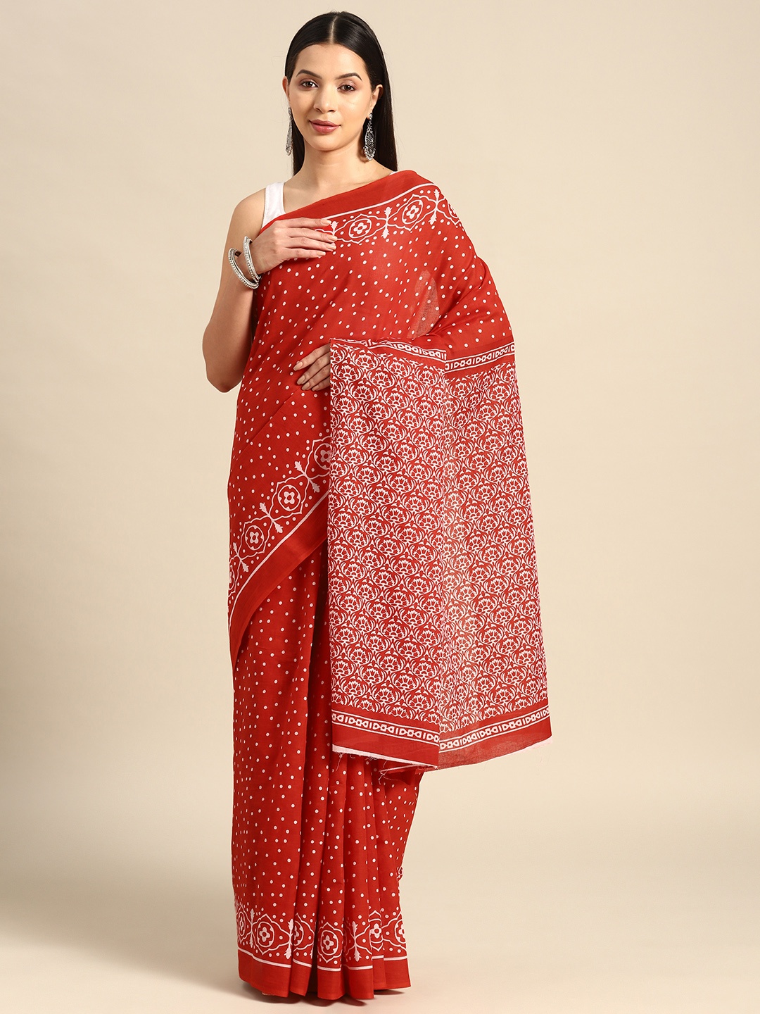 

BUTA BUTI Polka Dots Printed Pure Cotton Saree, Red