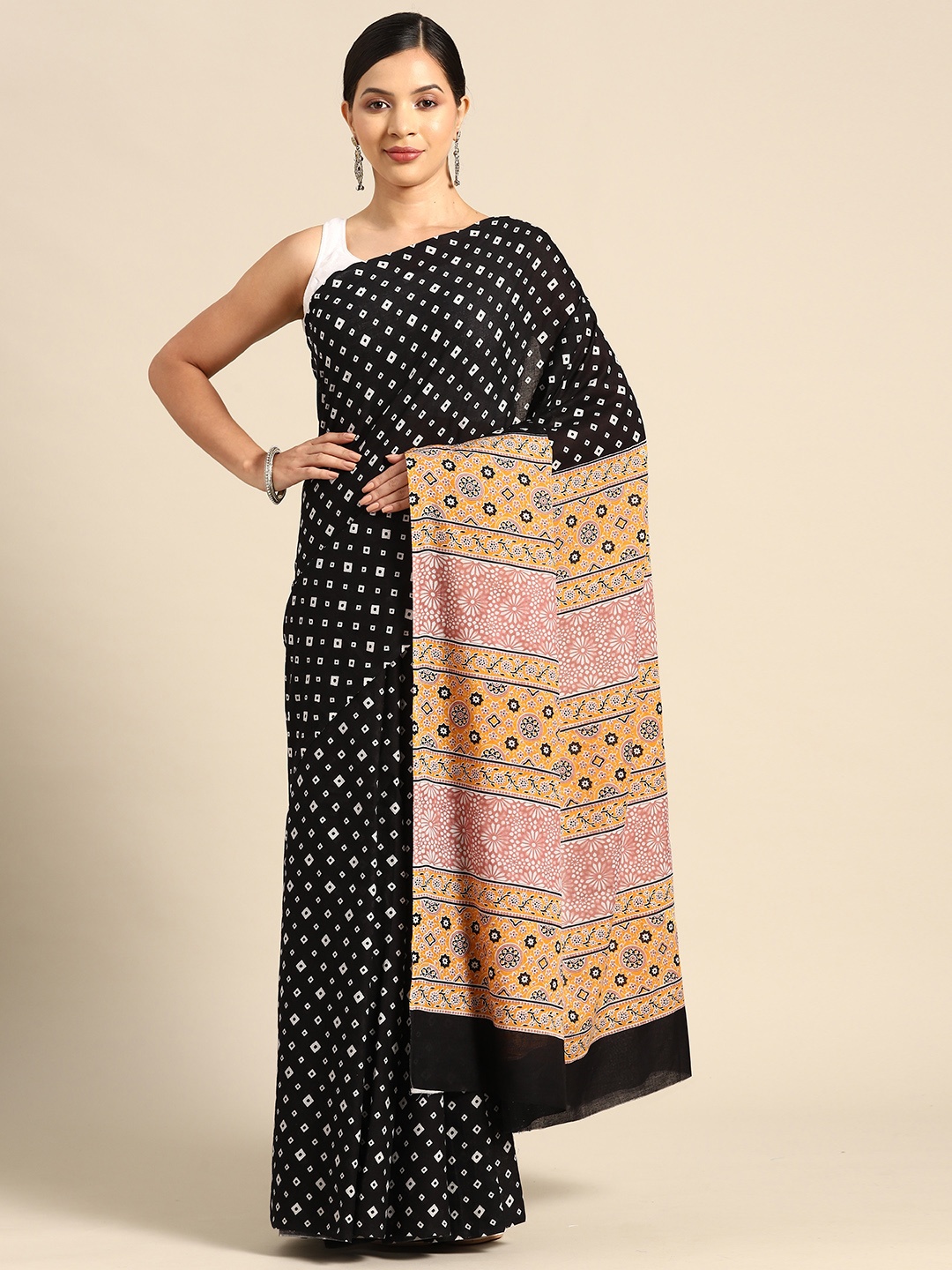 

BUTA BUTI Printed Pure Cotton Saree, Black