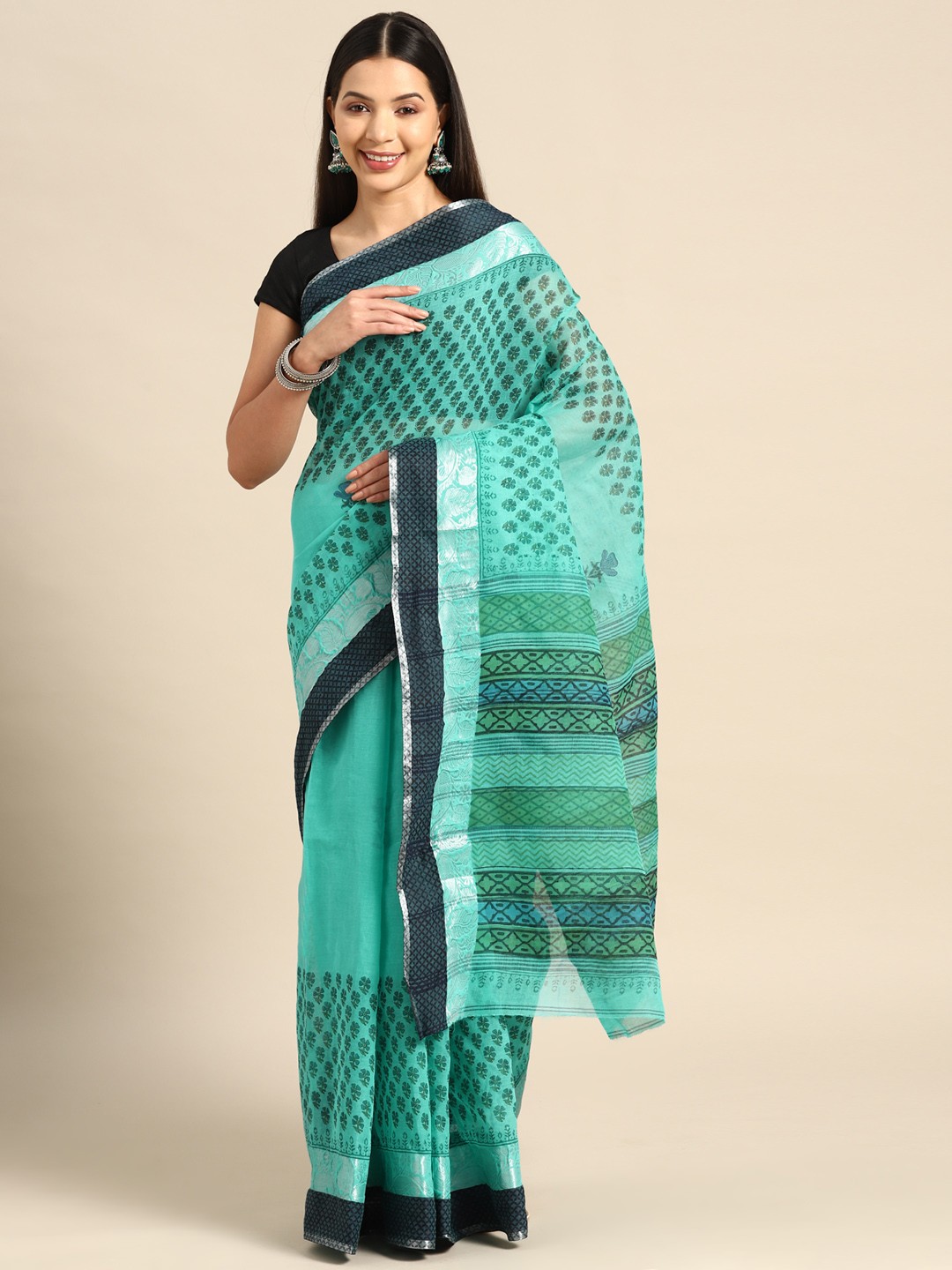 

BUTA BUTI Floral Print Pure Cotton Saree, Sea green