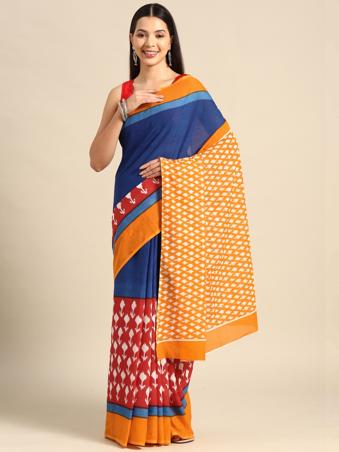 

BUTA BUTI Ethnic Motifs Pure Cotton Saree, Navy blue