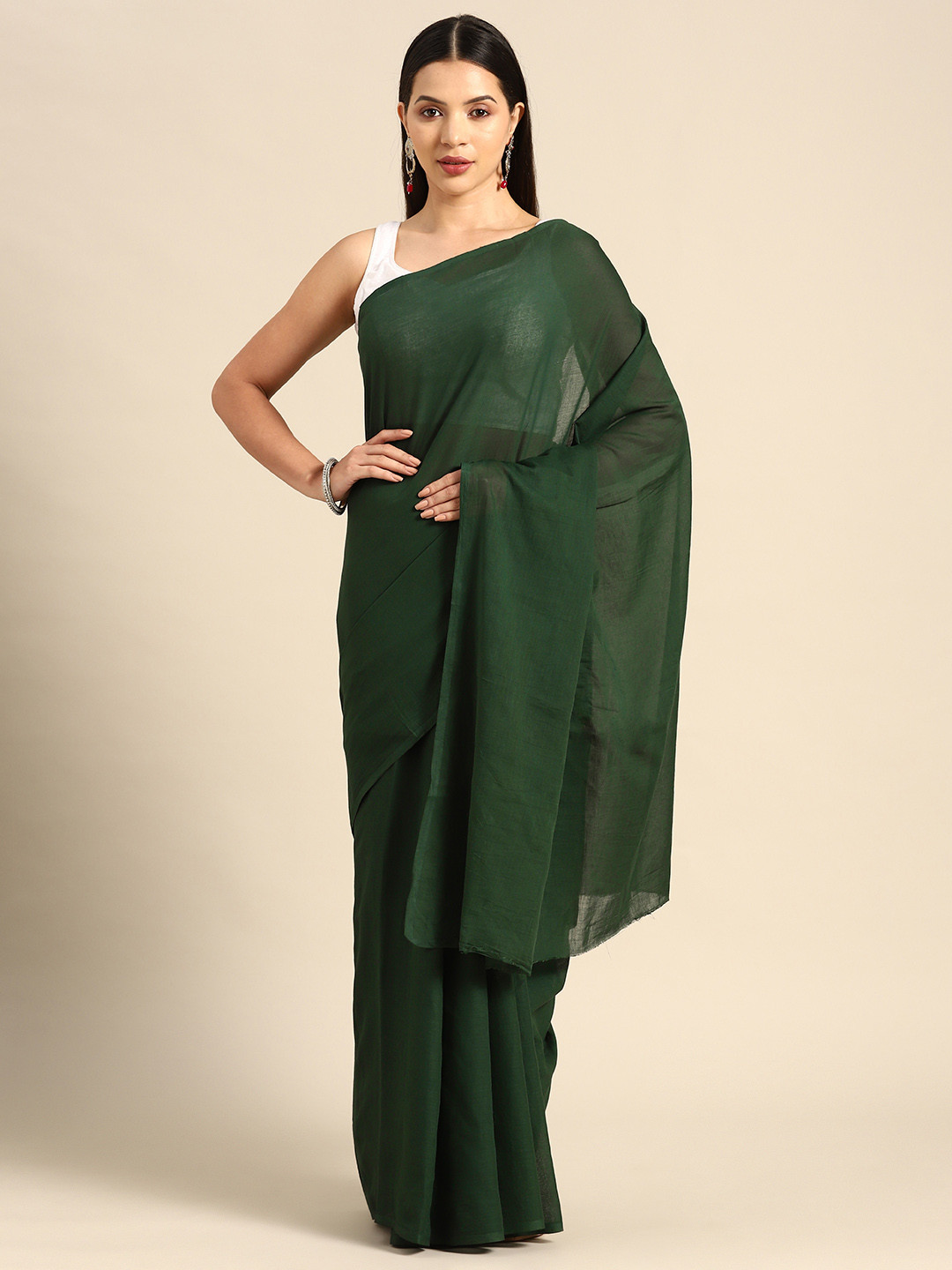 

BUTA BUTI Solid Pure Cotton Saree, Green