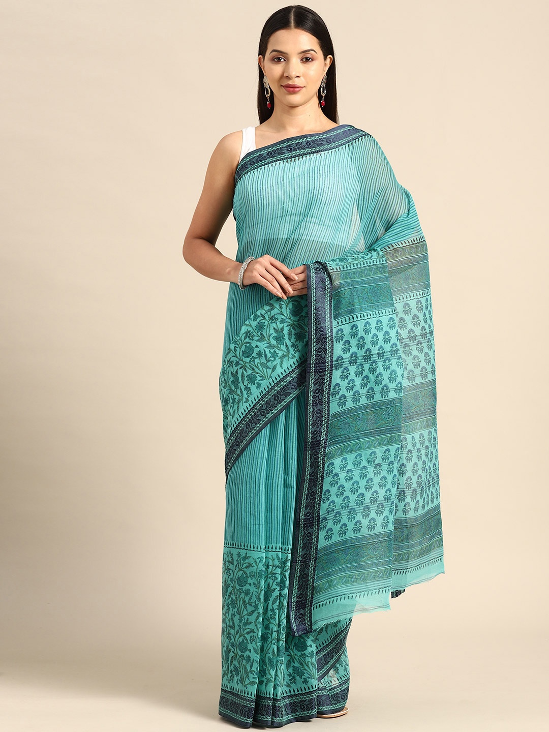 

BUTA BUTI Floral Pure Cotton Saree, Turquoise blue