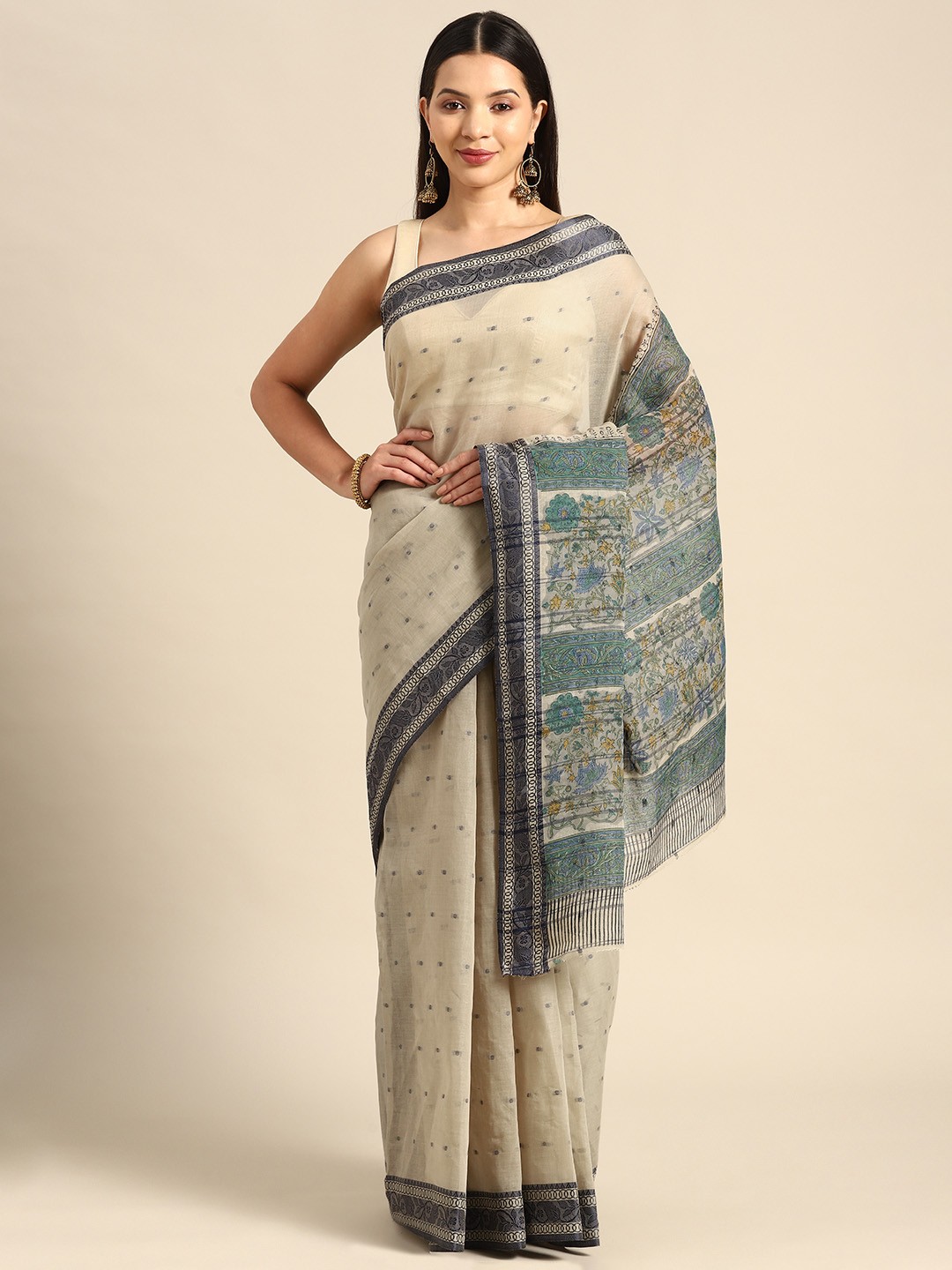

BUTA BUTI Printed Pure Cotton Saree, Beige