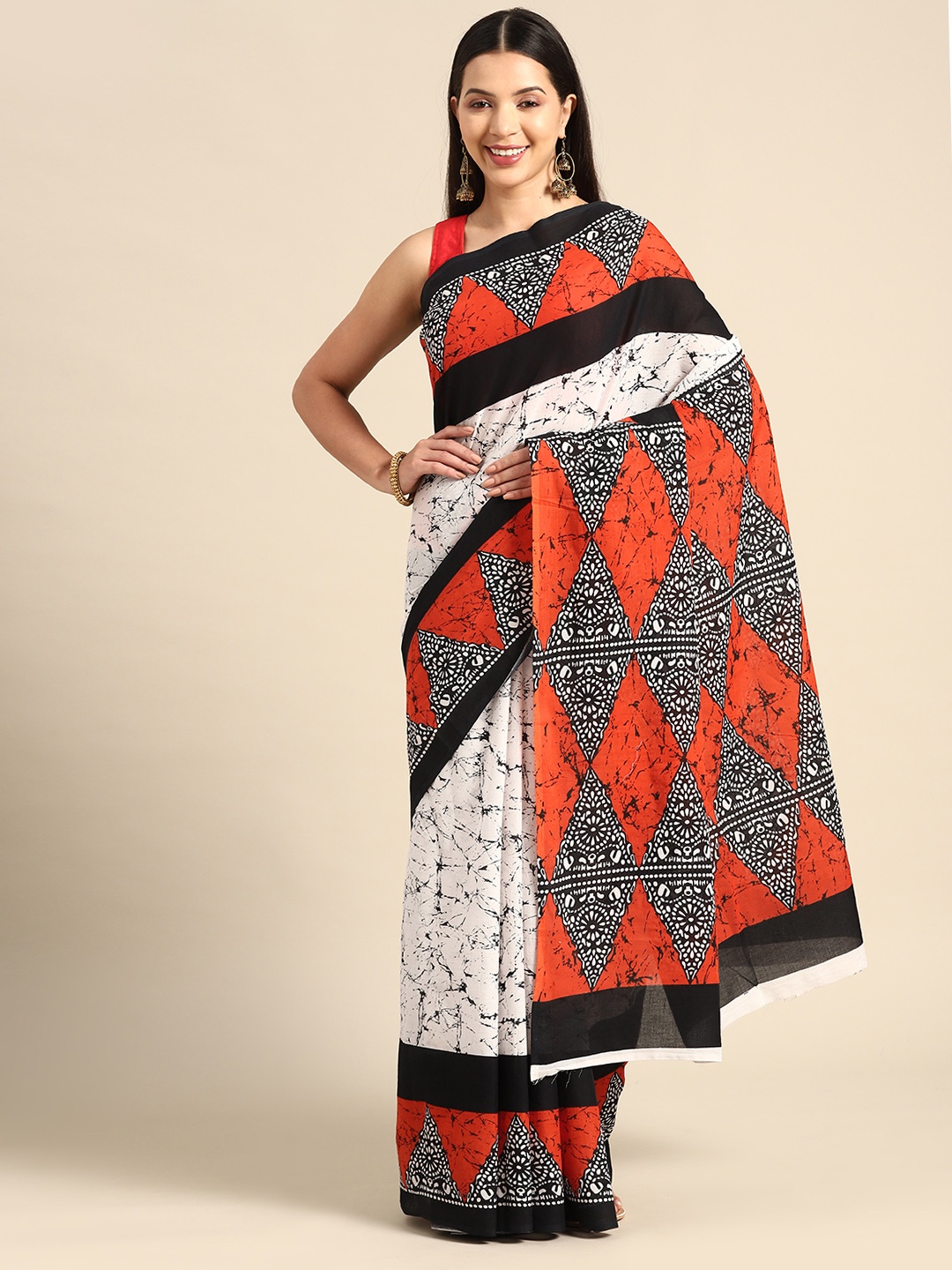 

BUTA BUTI Batik Pure Cotton Saree, Orange