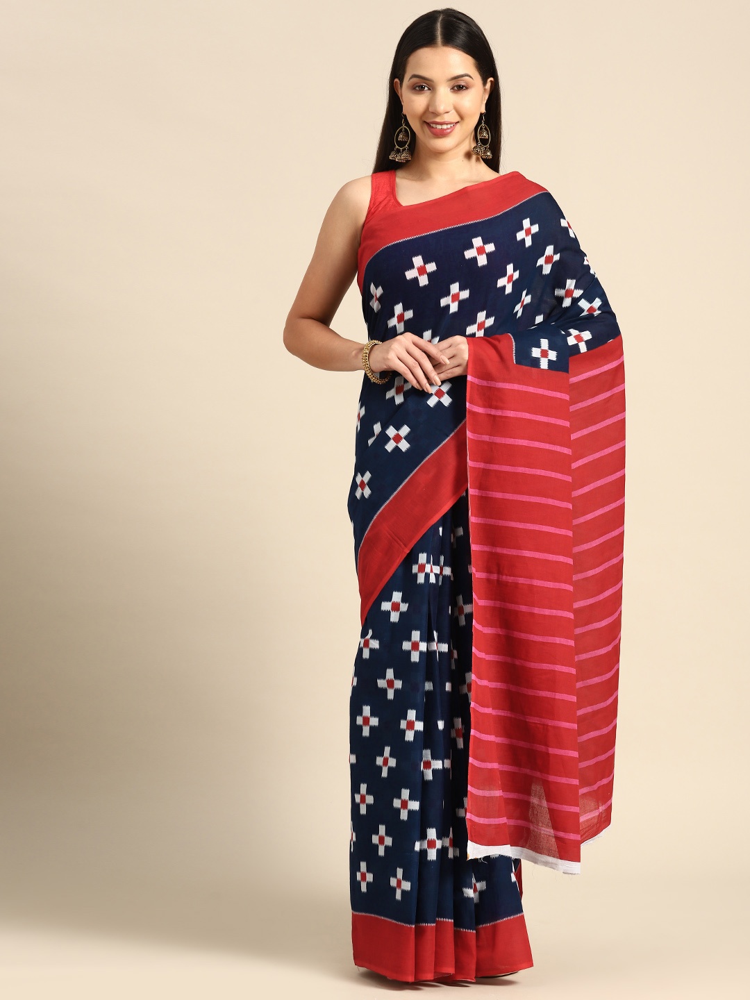 

BUTA BUTI Printed Pure Cotton Saree, Navy blue