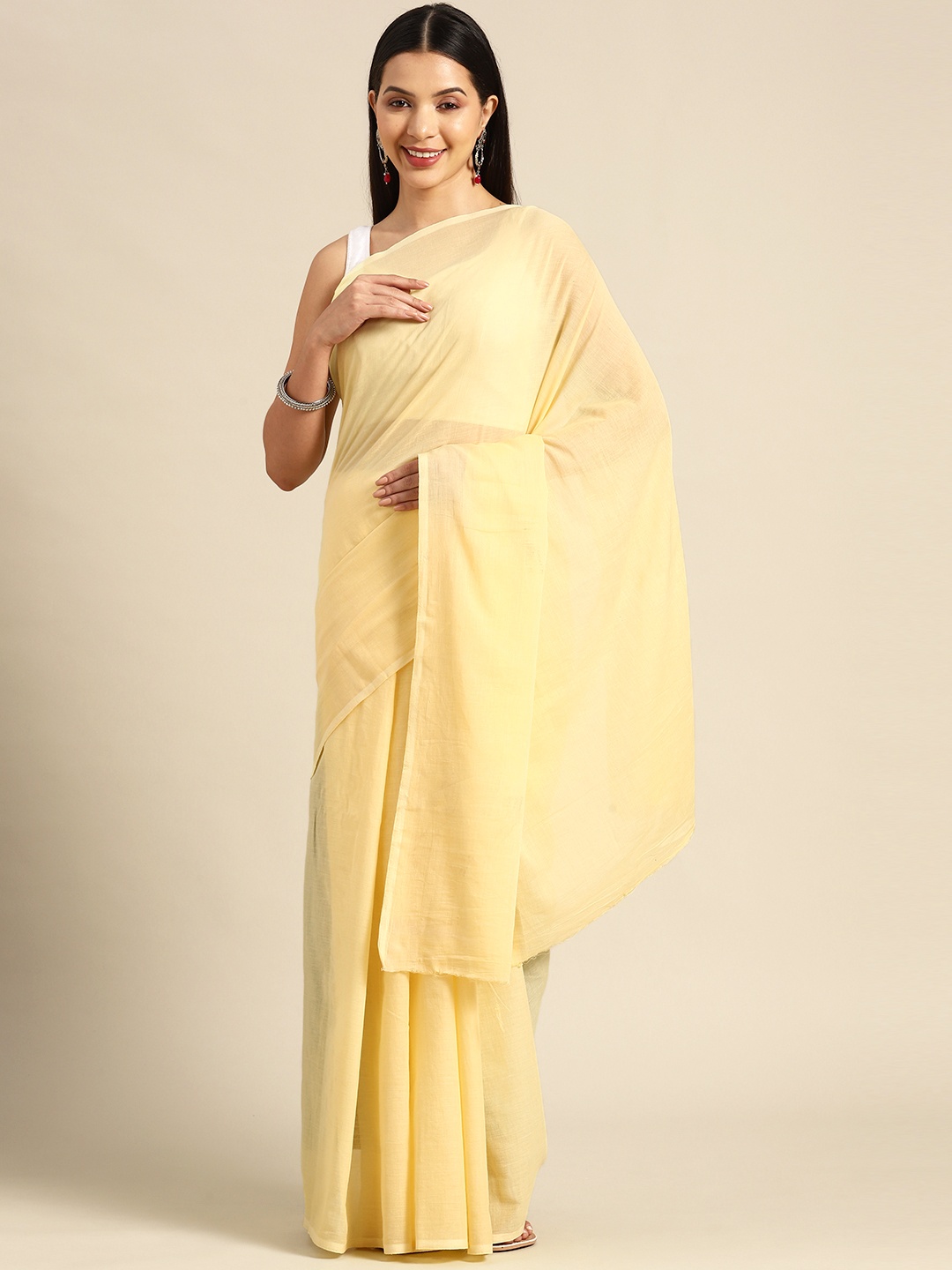 

BUTA BUTI Solid Pure Cotton Saree, Yellow