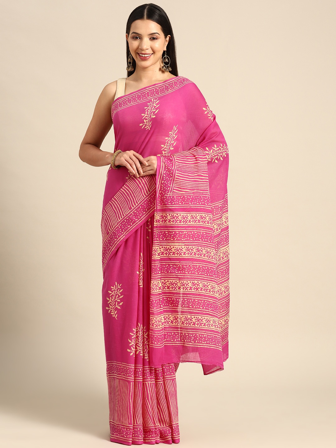 

BUTA BUTI Floral Pure Cotton Saree, Pink