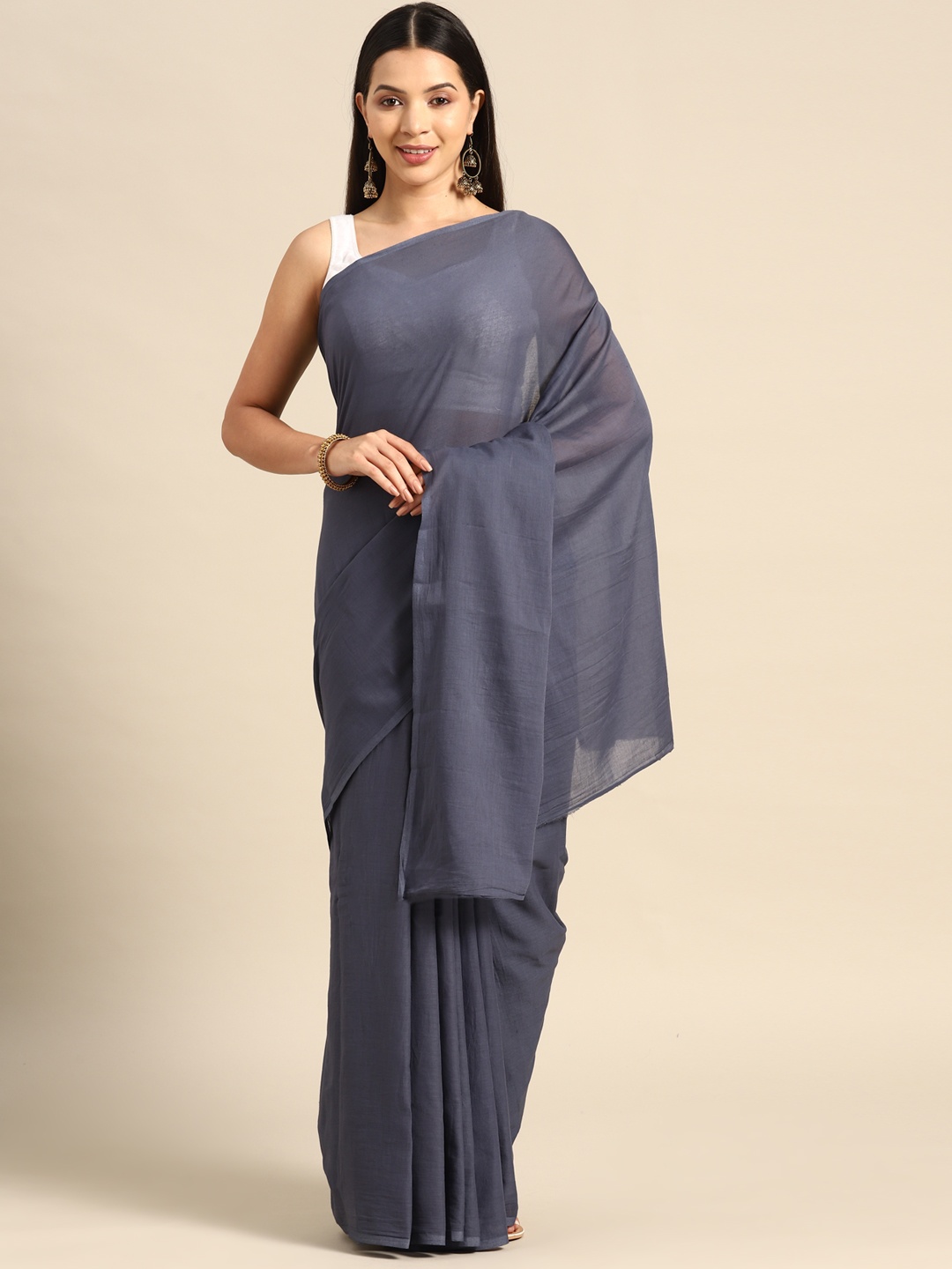 

BUTA BUTI Solid Pure Cotton Saree, Blue