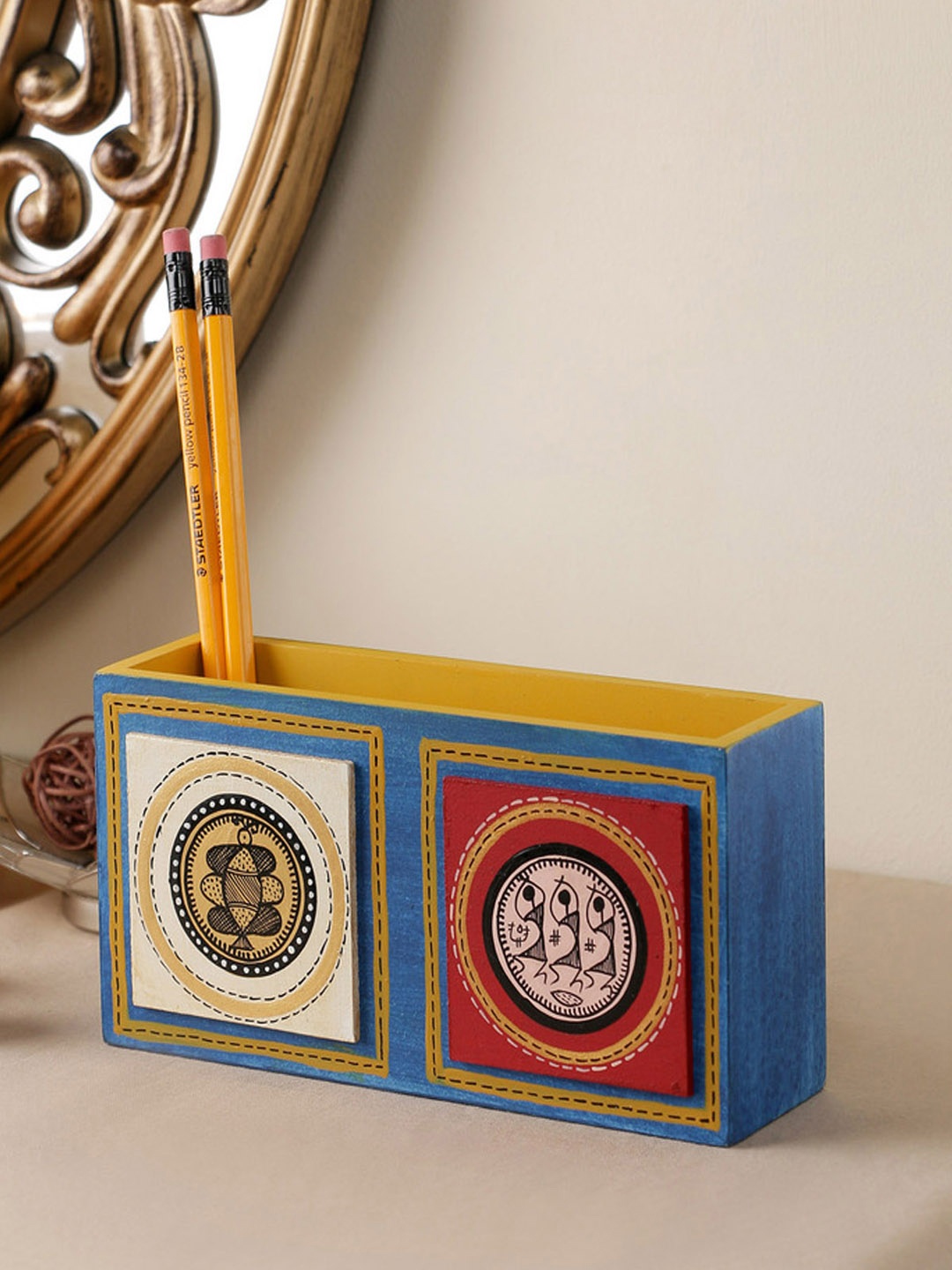

VarEesha Blue Printed Wood Handcrafted Desk Organiser