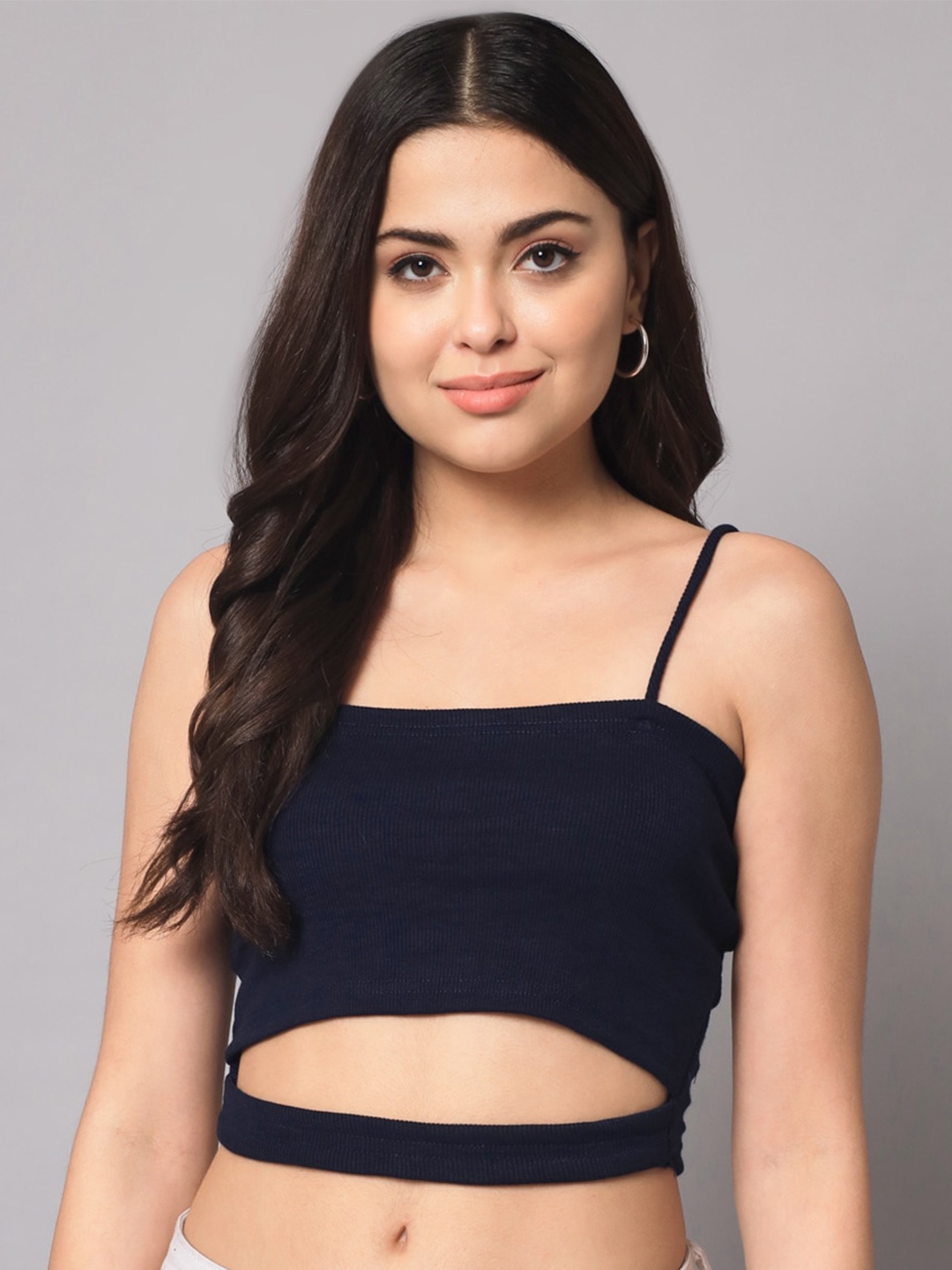 

AAHWAN Shoulder Strap Crop Fitted Top, Navy blue