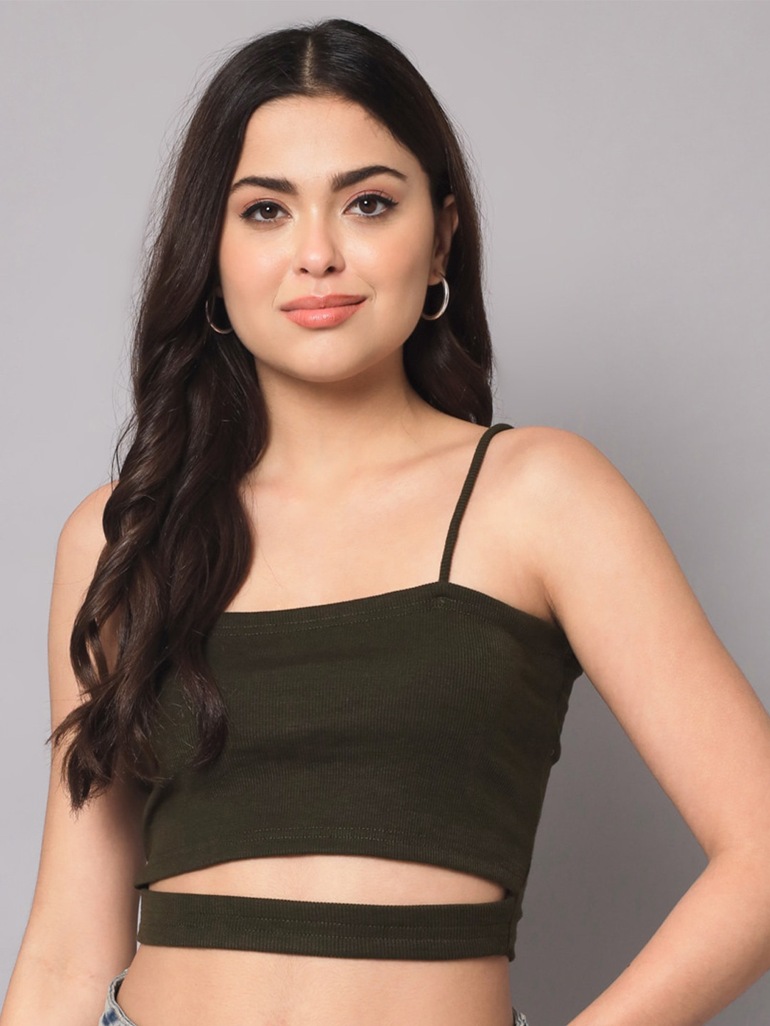 

AAHWAN Cut-Out Shoulder Straps Crop Top, Olive