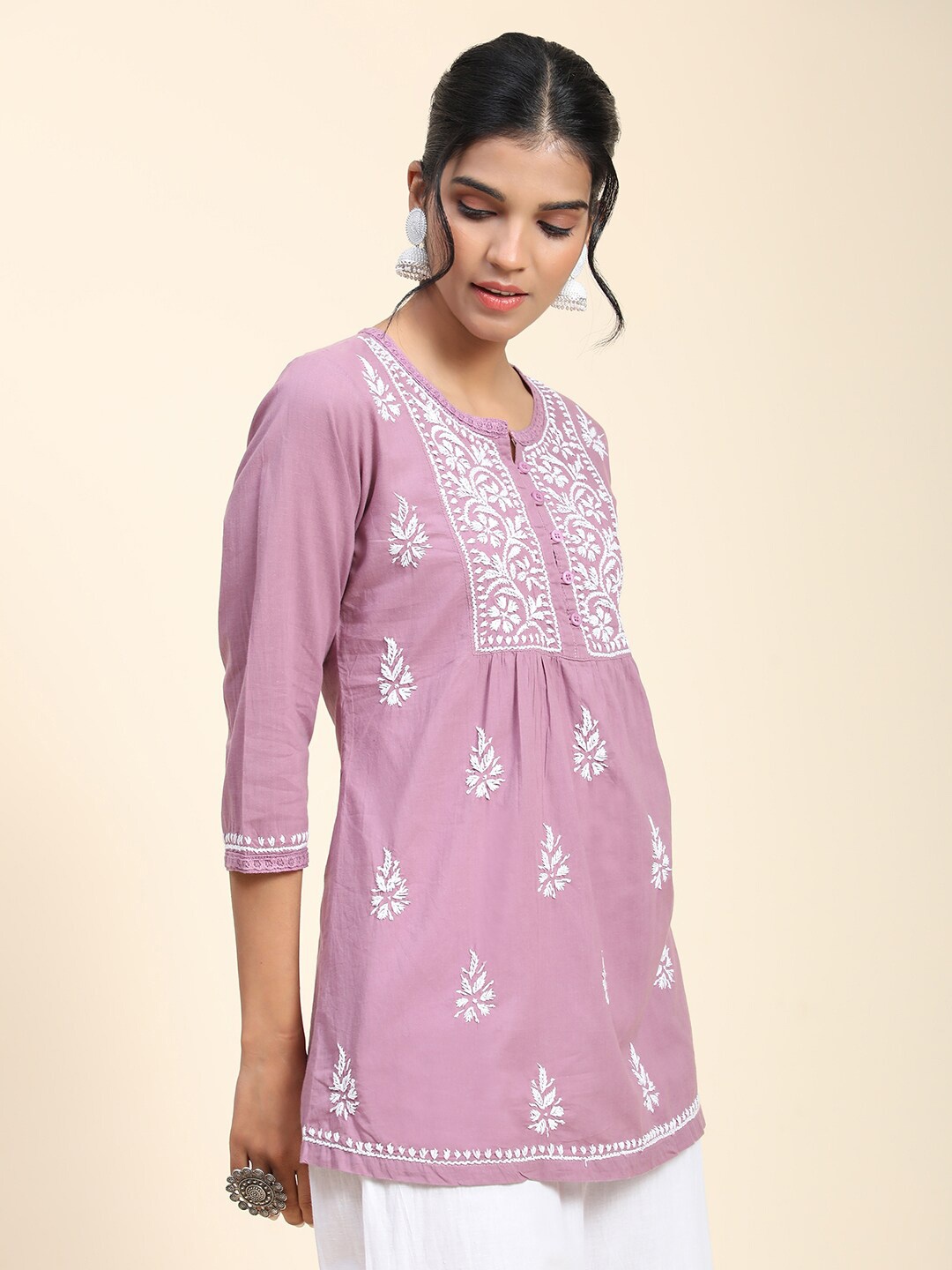 

HOUSE OF KARI Chikankari Embroidered Cotton Tunic, Lavender