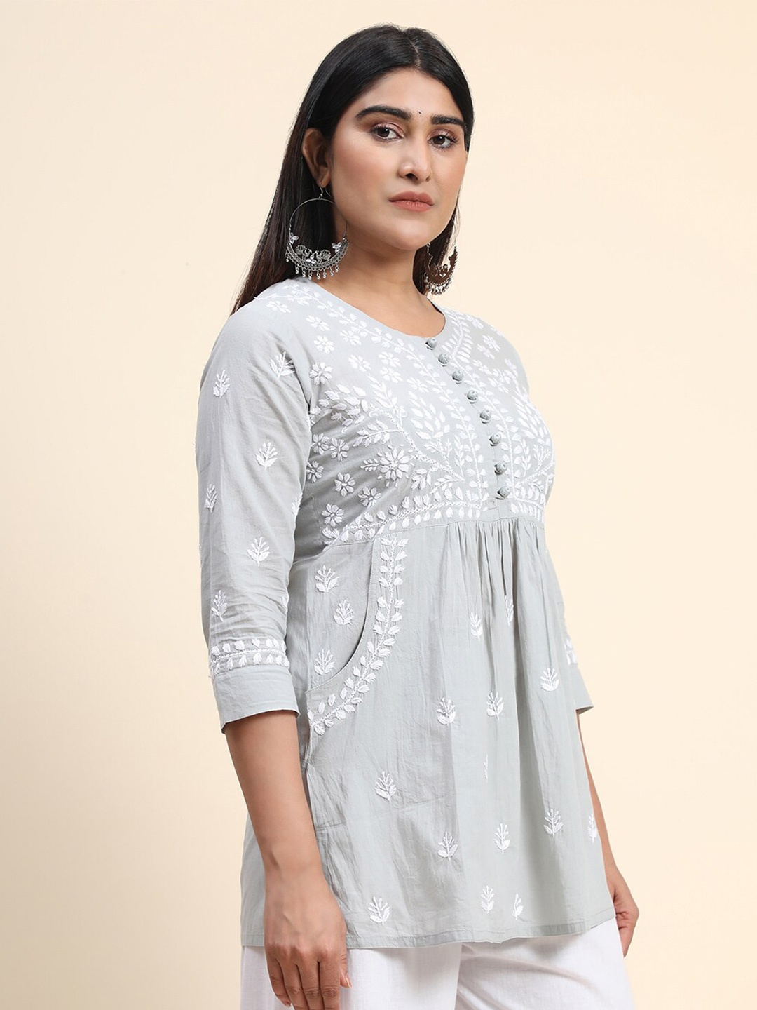

HOUSE OF KARI Embroidered Cotton Tunic, Grey