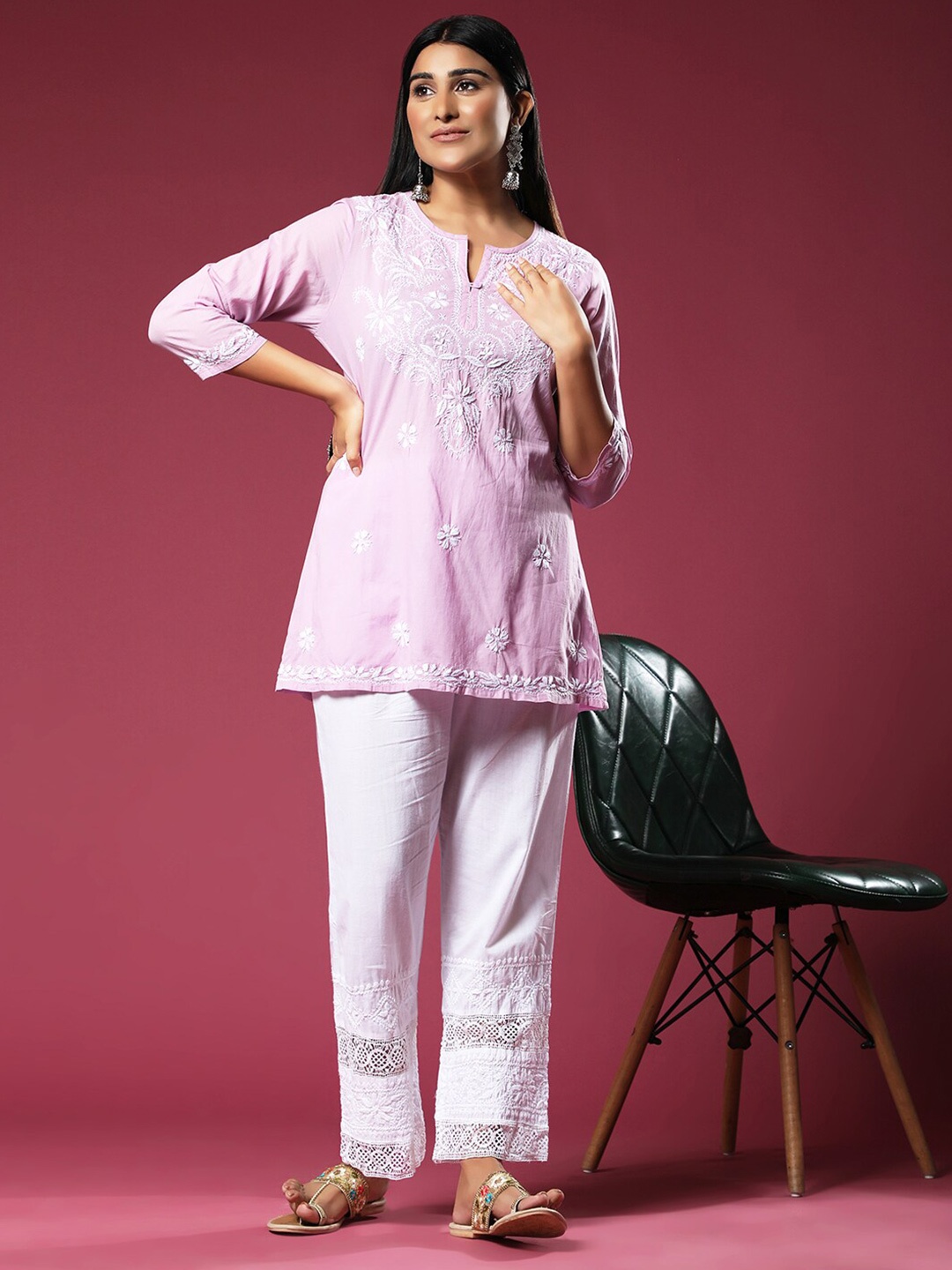 

HOUSE OF KARI Chikankari Embroidered Cotton Tunic, Lavender
