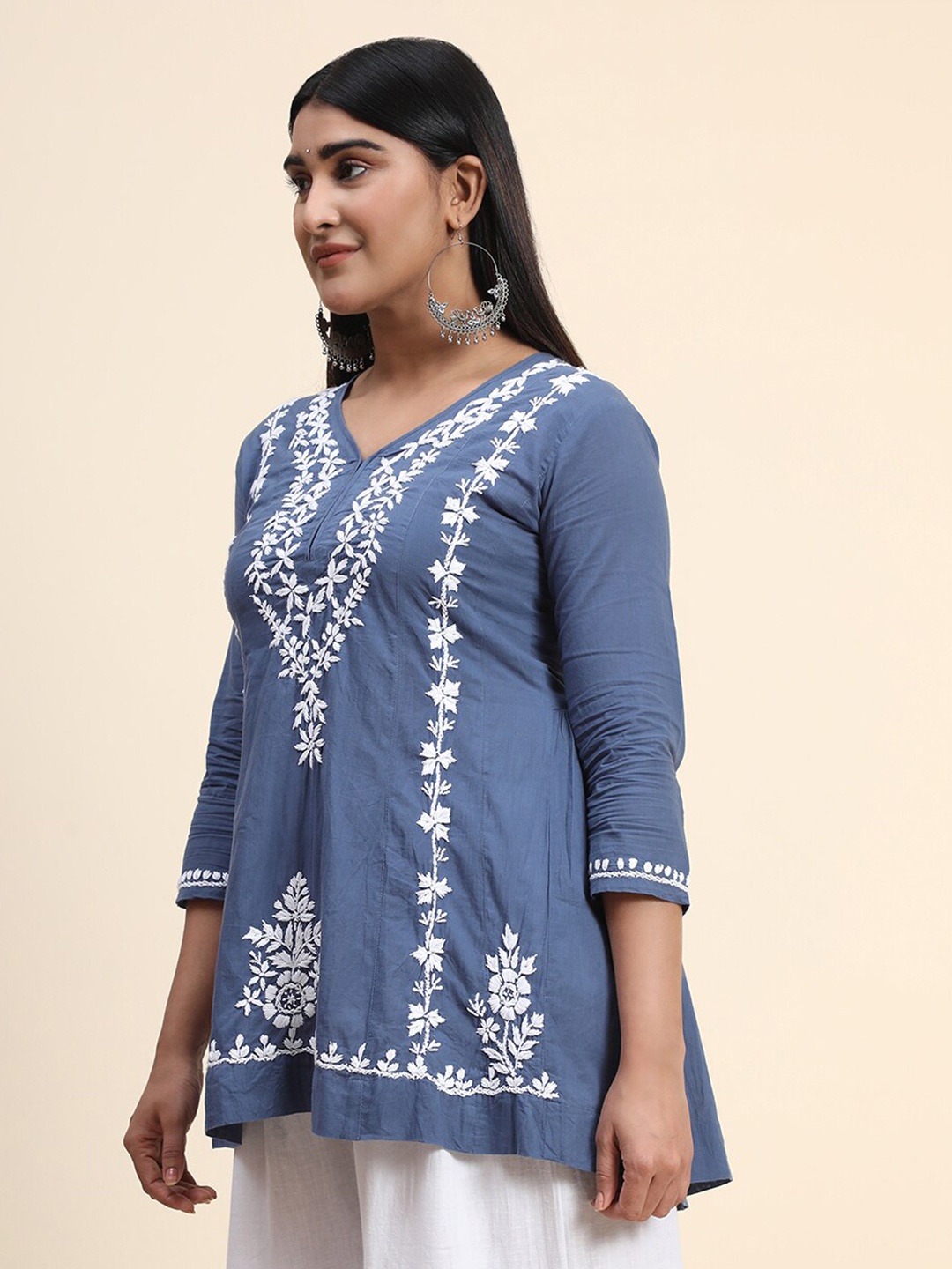 

HOUSE OF KARI Embroidered Cotton Tunic, Blue