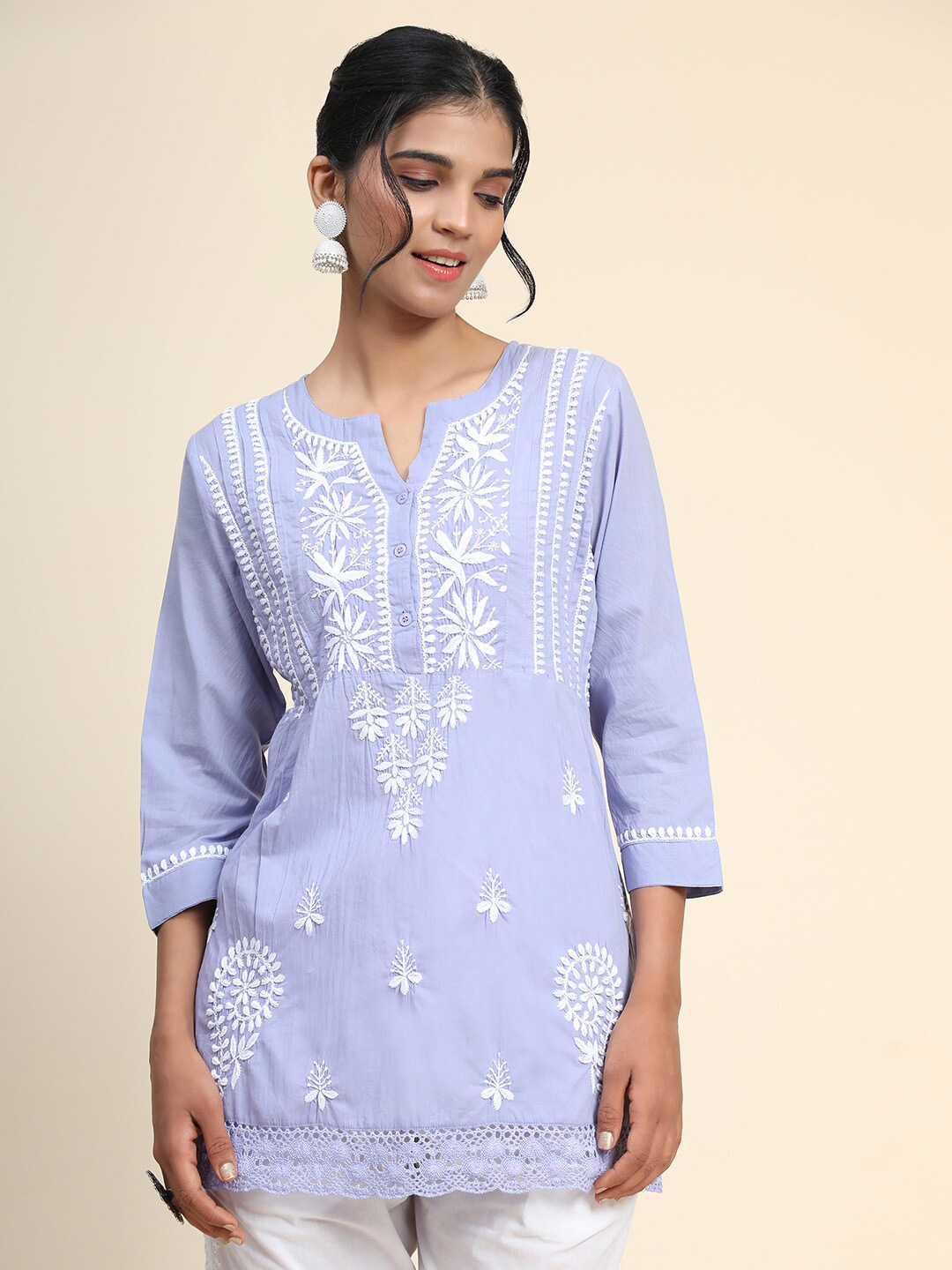 

HOUSE OF KARI Chikankari Embroidered Cotton Tunic, Blue