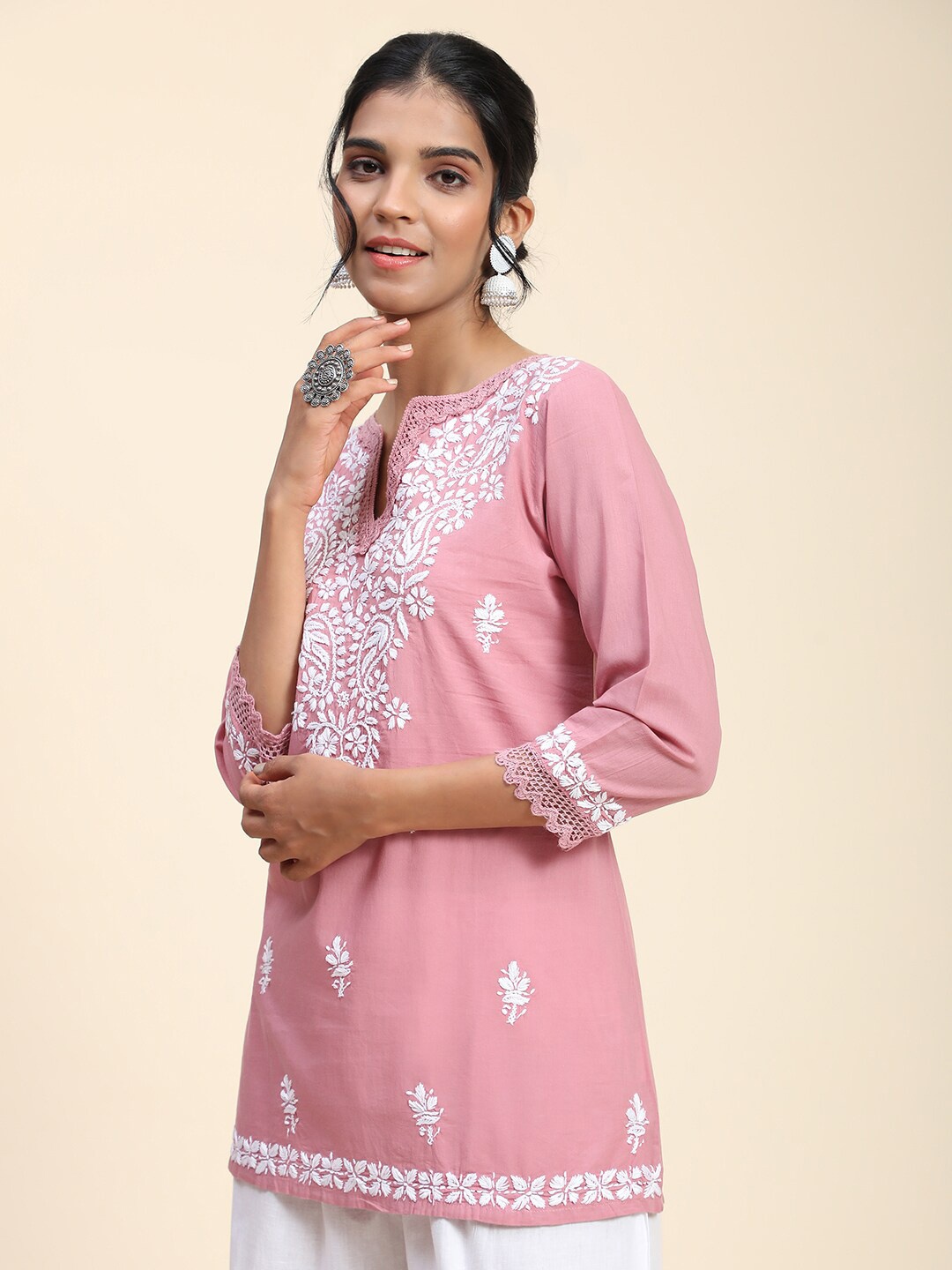 

HOUSE OF KARI Chikankari Embroidered Cotton Tunic, Pink