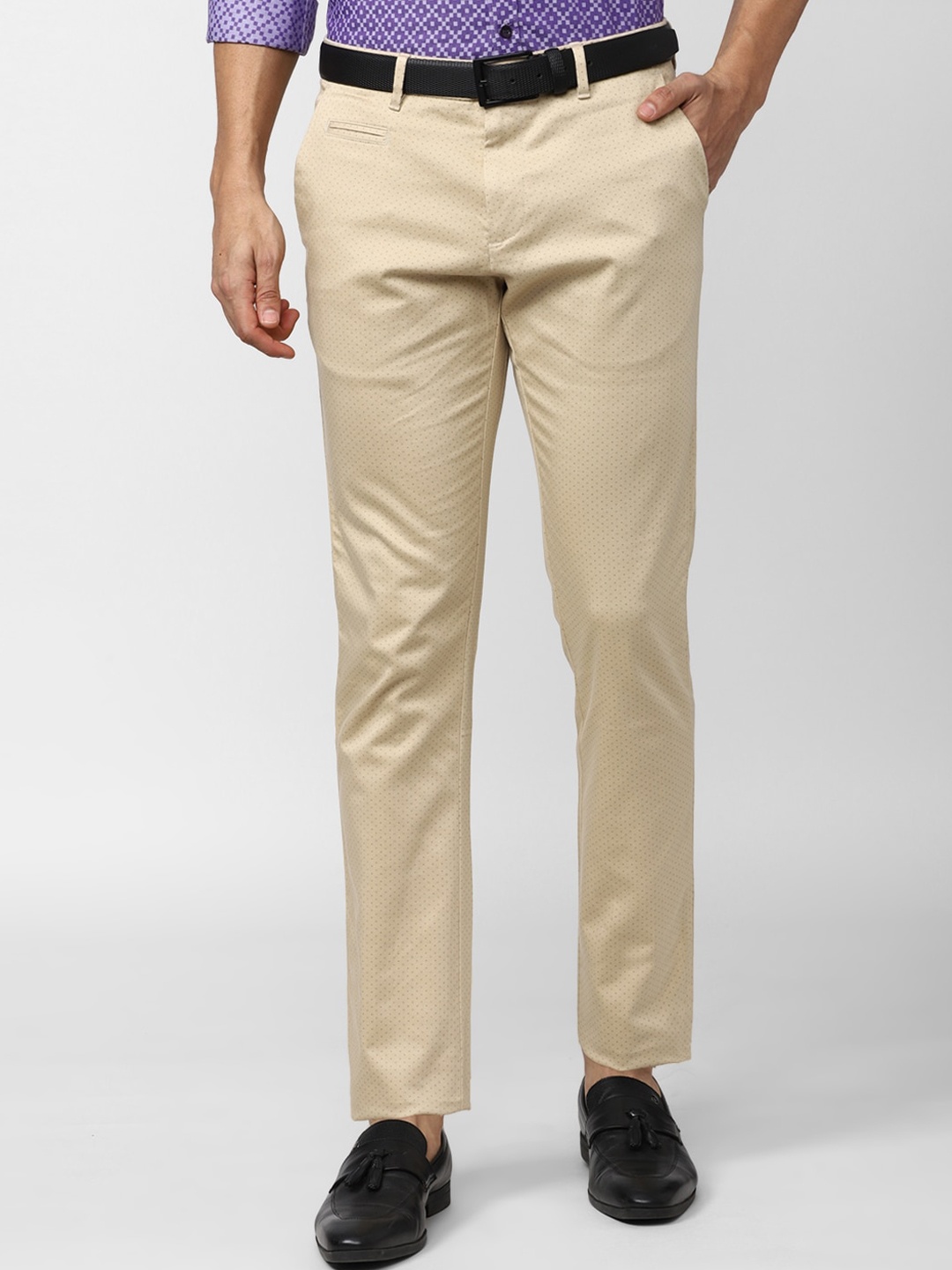 

V Dot Men Printed Slim Fit Formal Trousers, Beige