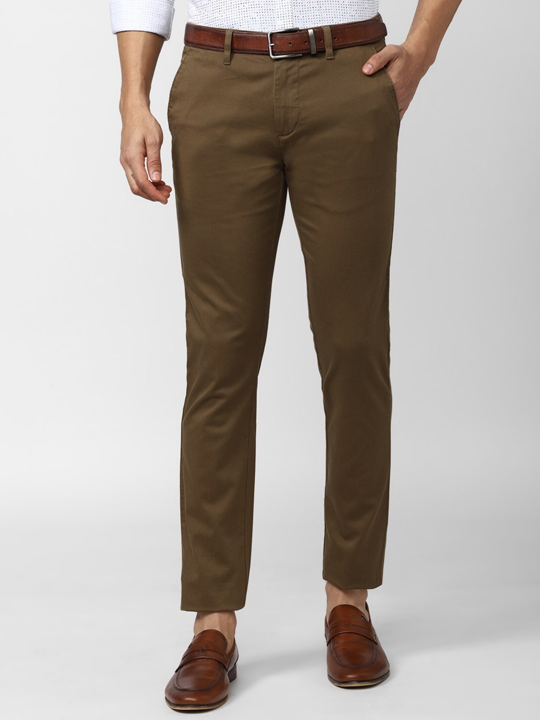 

V Dot Men Textured Slim Fit Formal Trousers, Khaki
