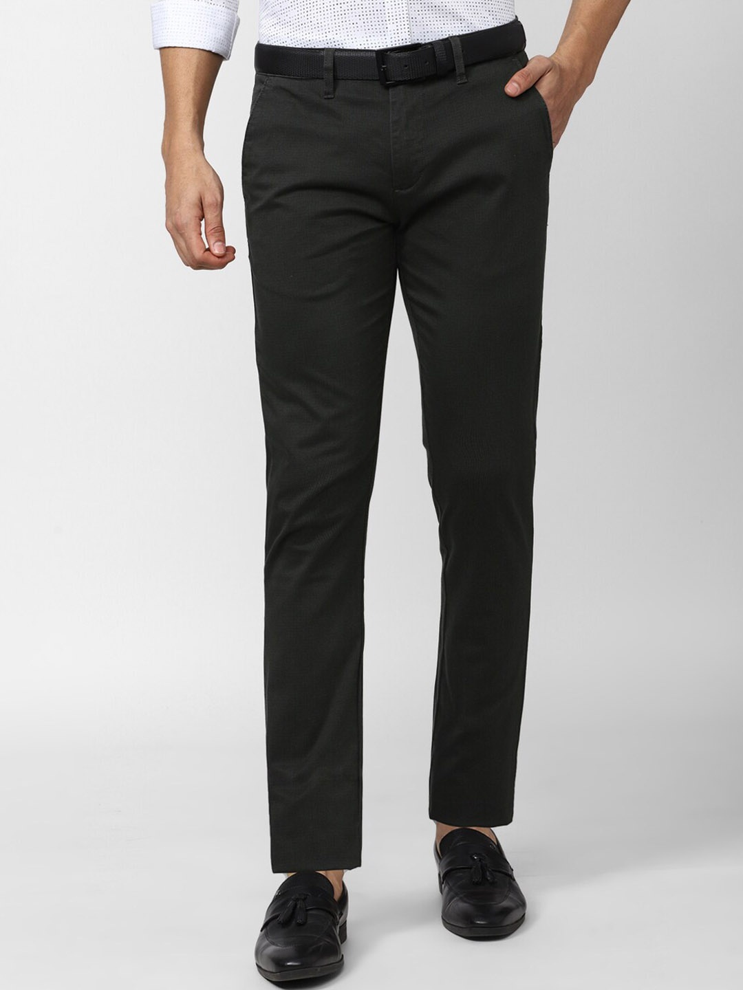 

V Dot Men Textured Slim Fit Trousers, Black
