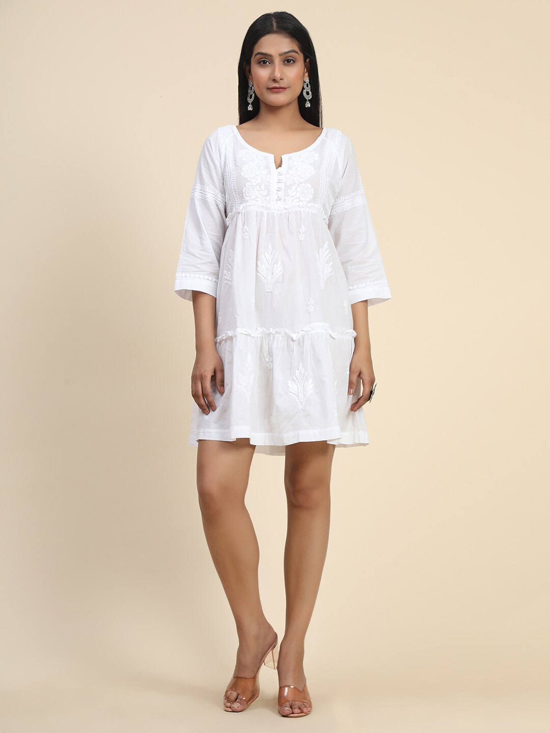 

HOUSE OF KARI A-Line Embroidered Cotton Ethnic Dress, White