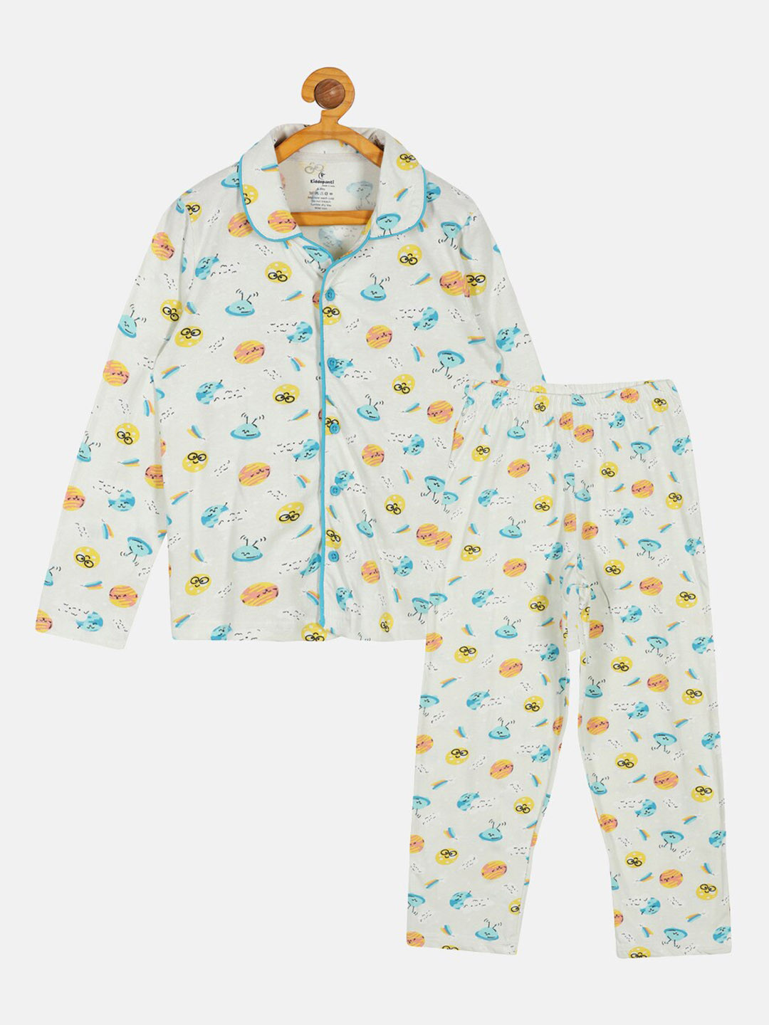 

KiddoPanti Boys Printed Pure Cotton Night suit, Off white