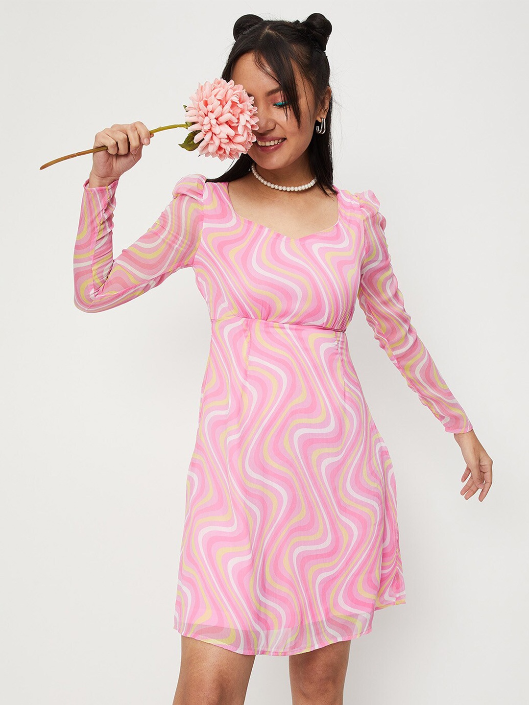 

max Abstract Puff Sleeves Printed A-Line Midi Dress, Pink
