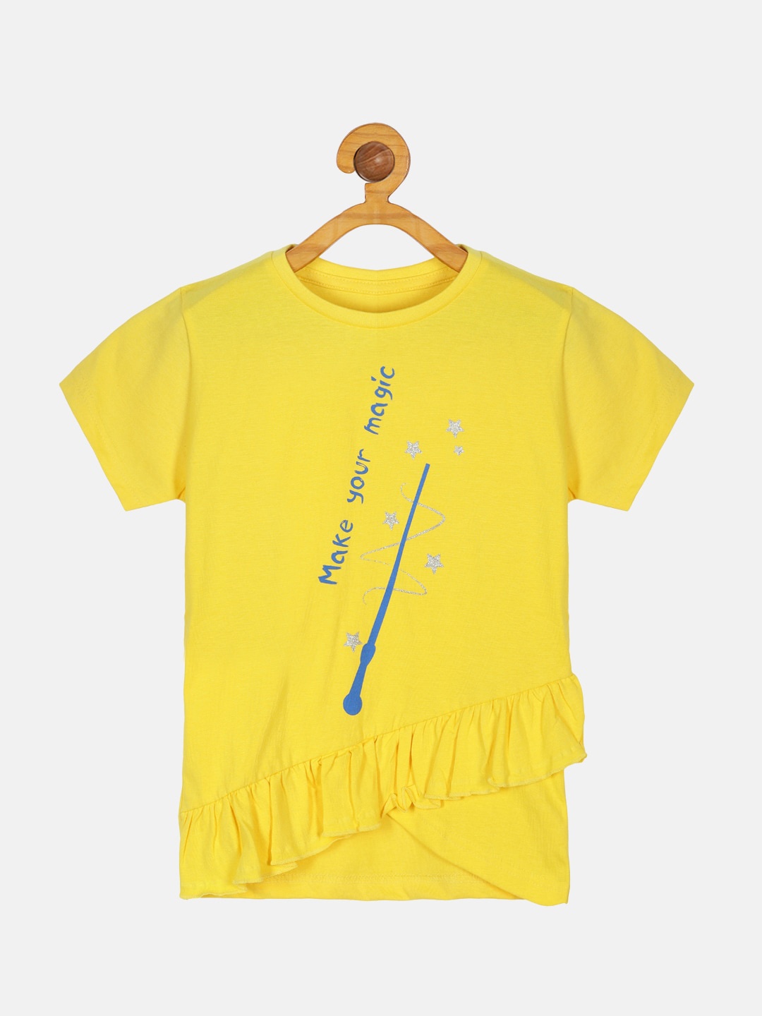 

KiddoPanti Girls Typography Printed Frilled T-shirt, Yellow