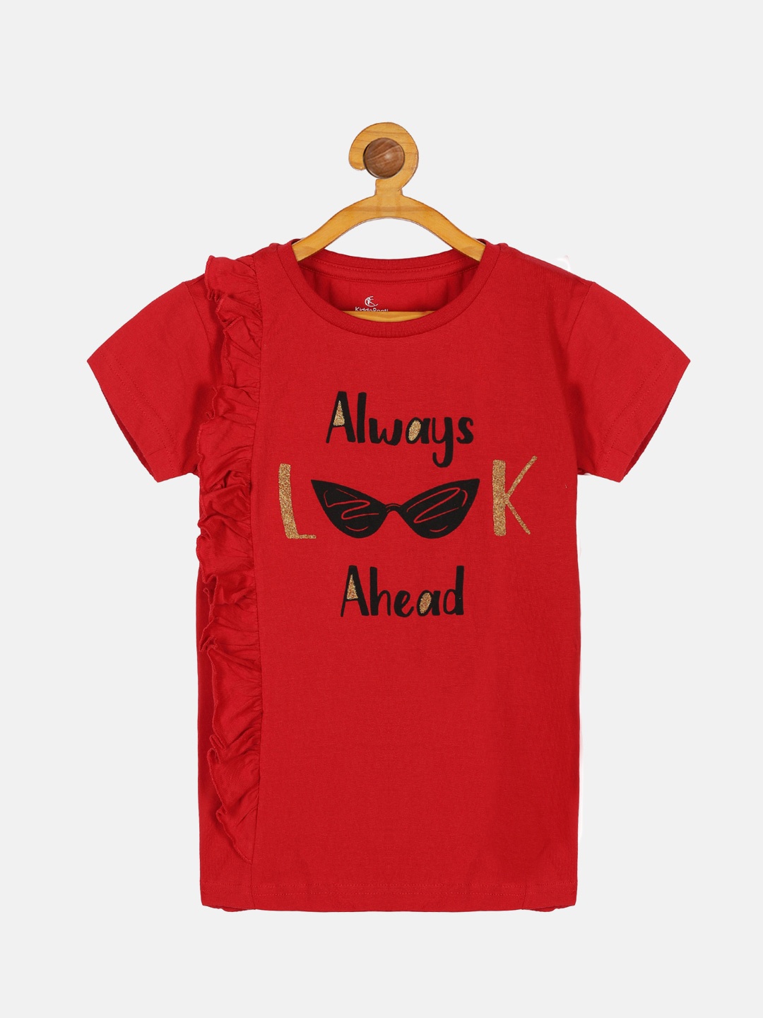 

KiddoPanti Girls Typography Printed Frilled Pure Cotton T-shirt, Red